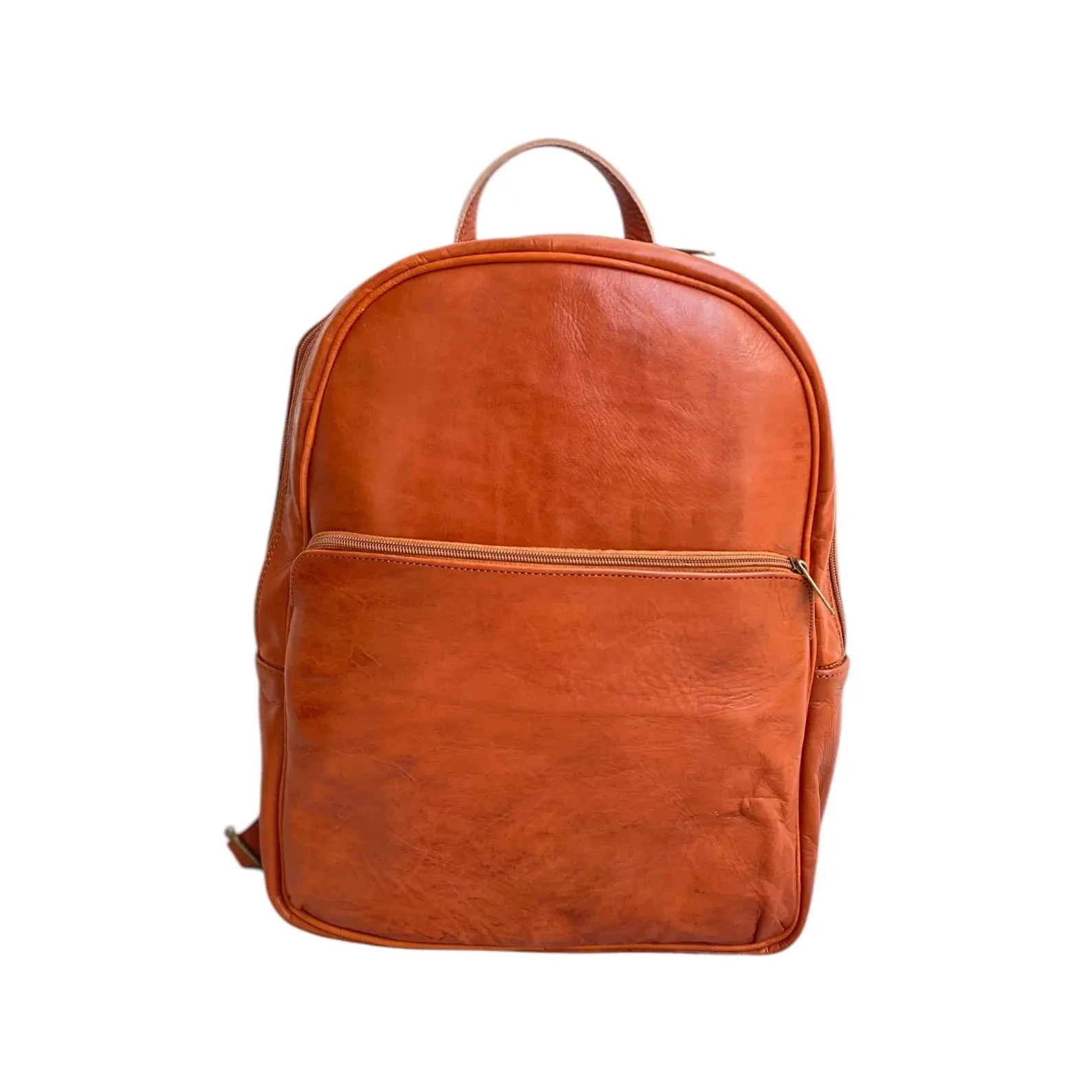 Handcrafted Genuine Leather Round Satchel Bag – Cognac | Double Front Pockets