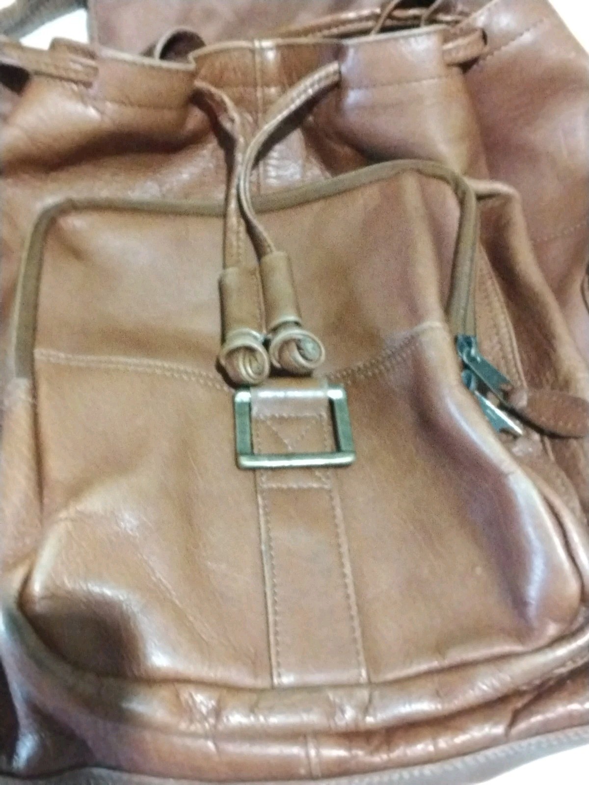 Vintage Brown Leather Backpack,From Columbia South America Drawstring &Snap READ