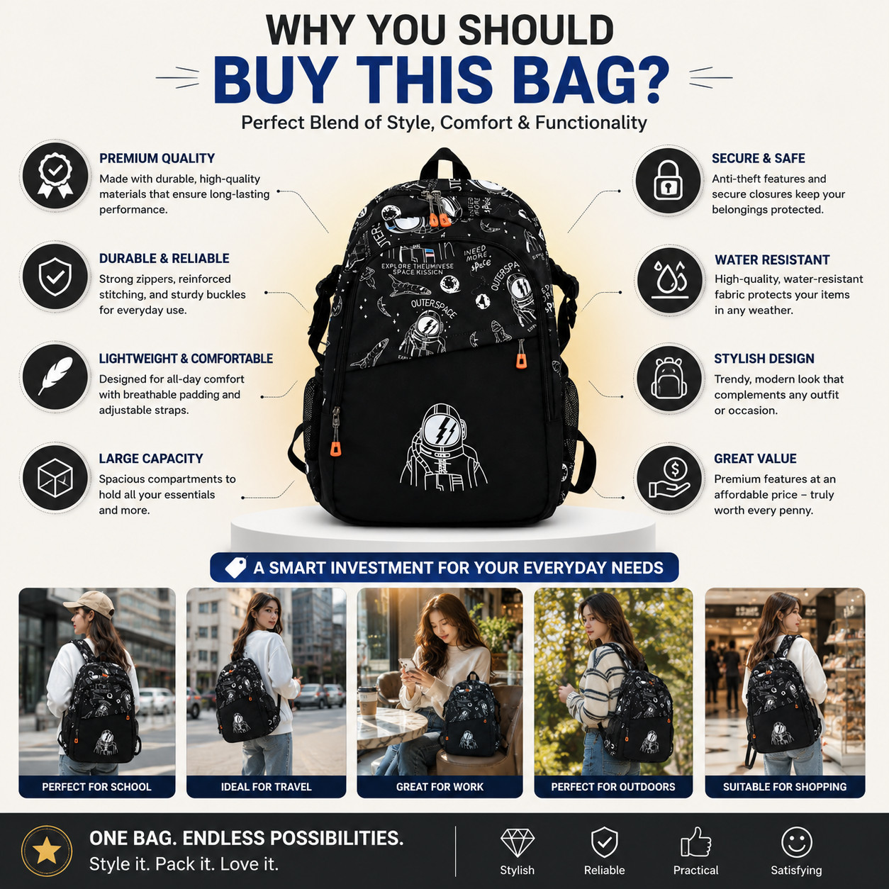 Boys Large School Backpack Astronaut Space 18″ Laptop Bag Lightweight Black