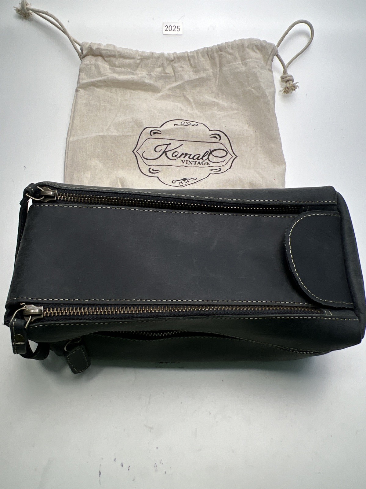 KOMALC Vintage Buffalo Leather Mens Toiletries Bag Dark Grey