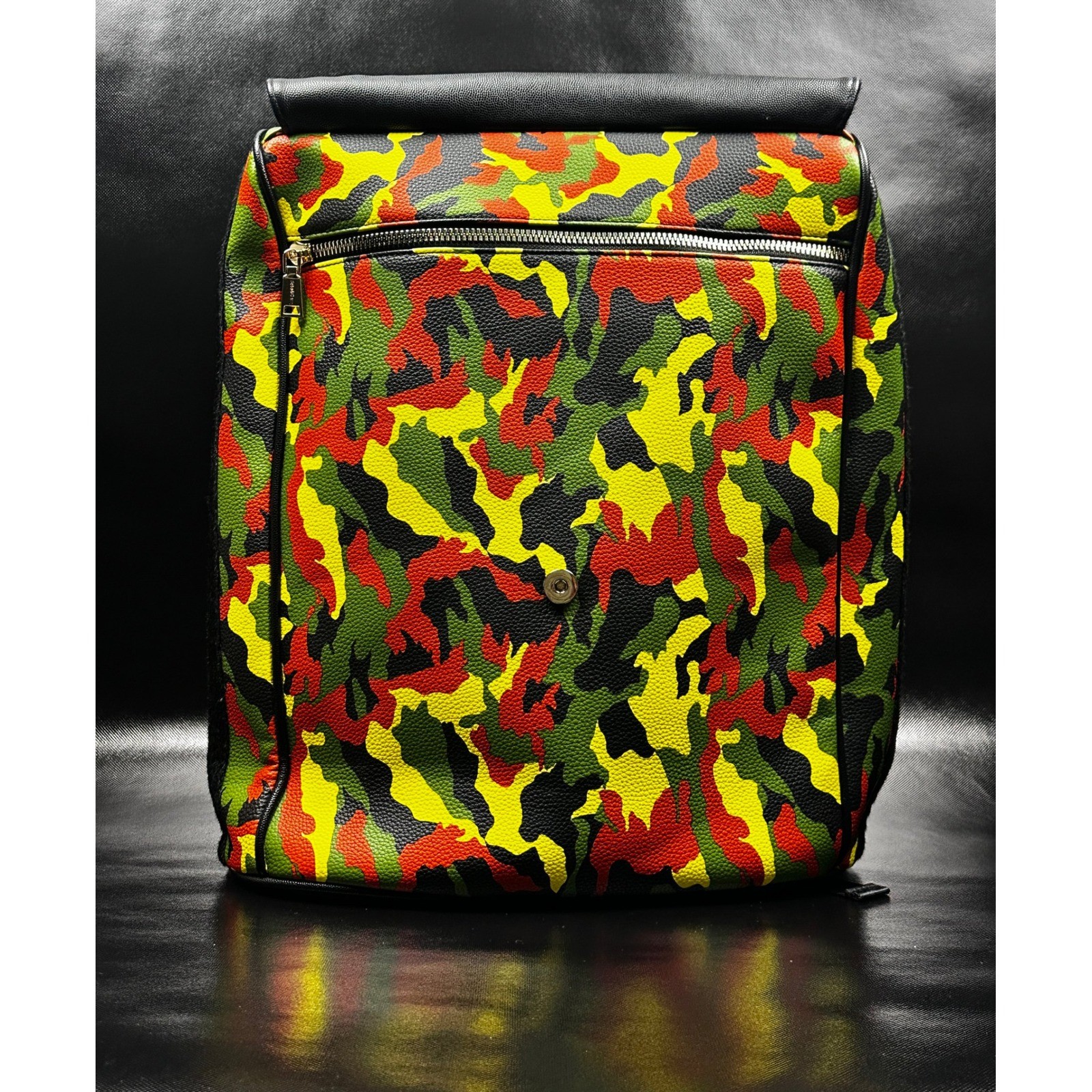 Colorful Camo Flap Backpack – Front Zipper Pocket, Faux Leather, Multicolor