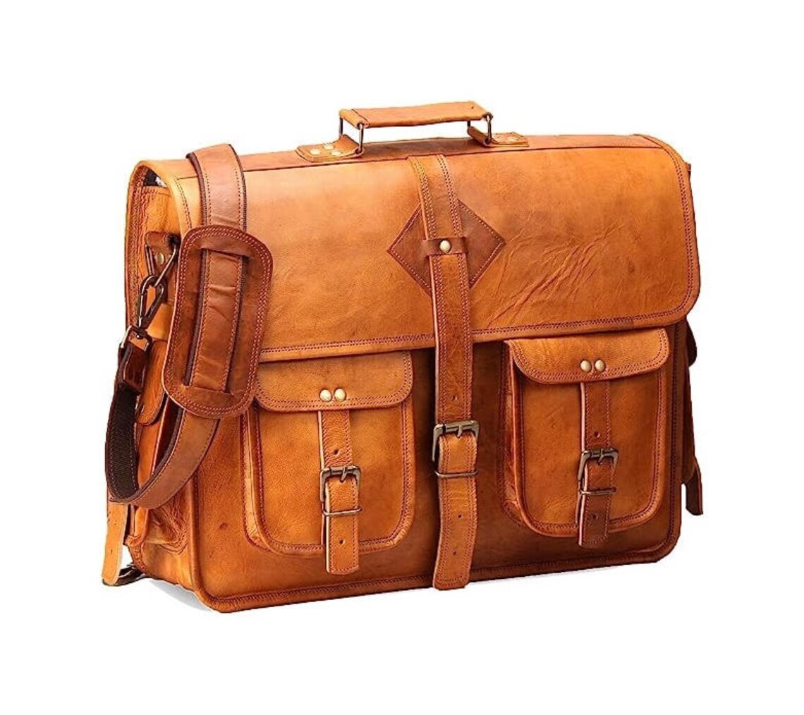 Vintage Distressed Tan Leather Messenger Shoulder Laptop Bag Briefcase Men-Women