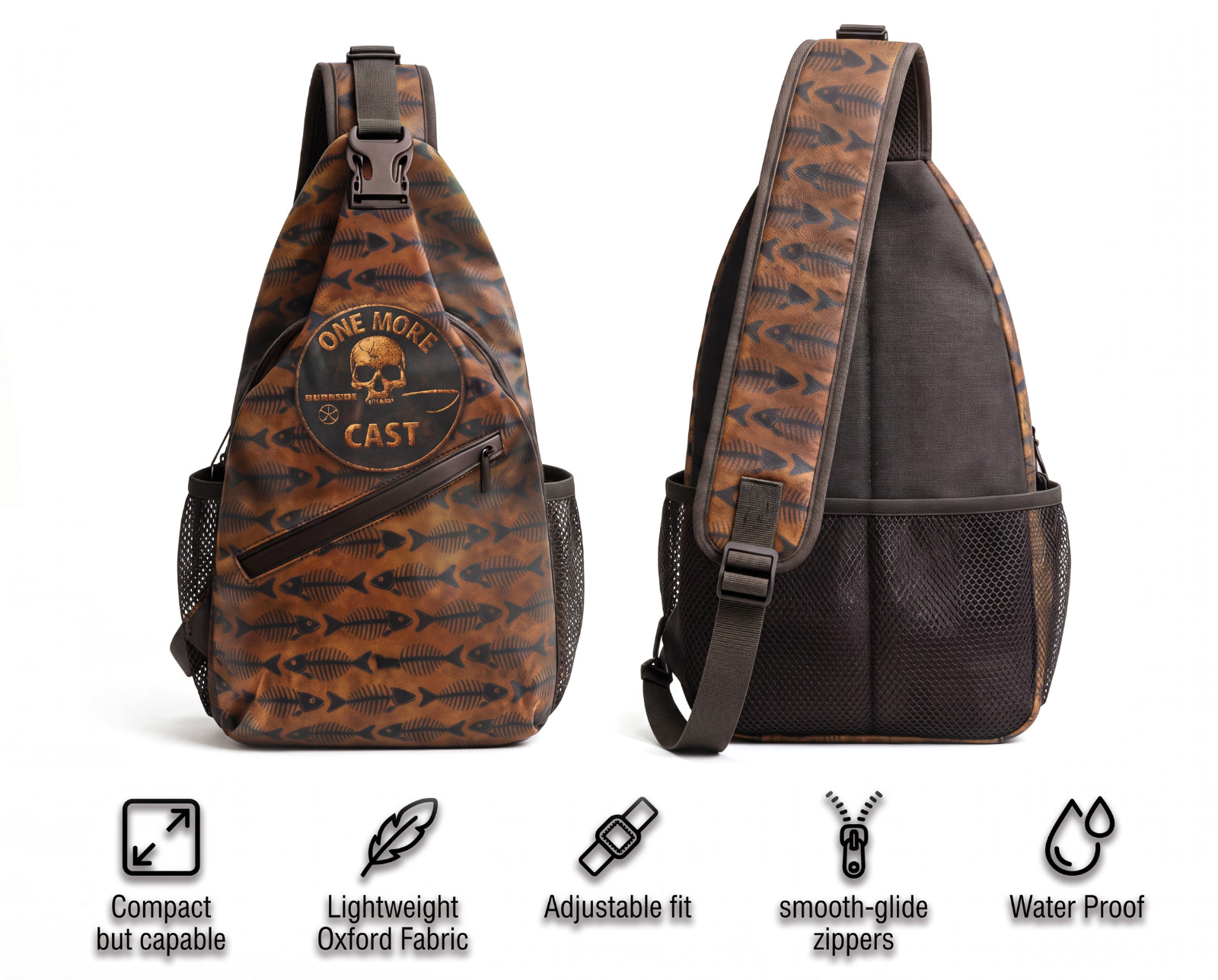 ONE MORE CAST Sling Pack – Skull & Bones Pattern – Oxford Crossbody