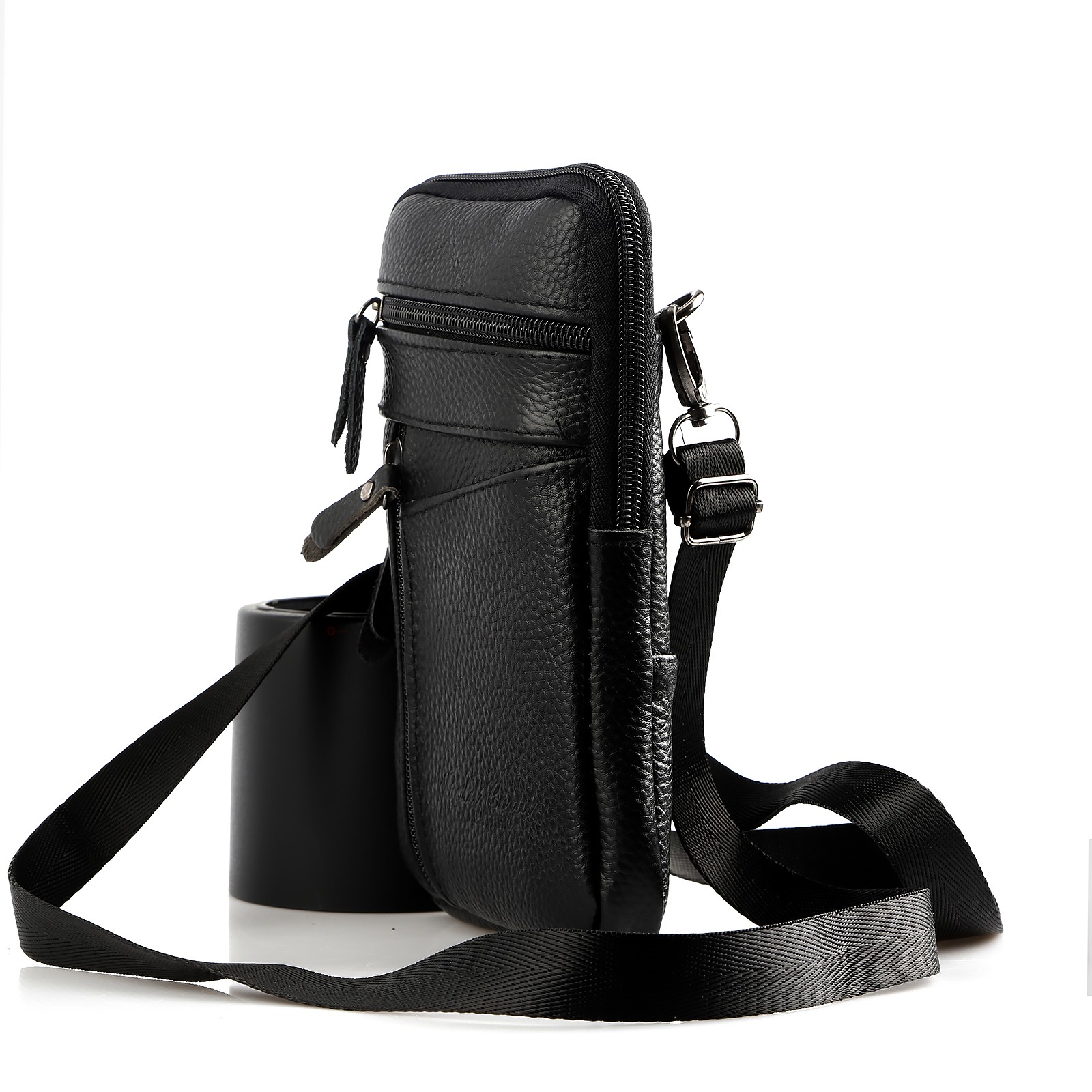 Men Leather Belt Bag Fashion Crossbody Phone Waist Pack 3-Zip Pouch Black/Brown