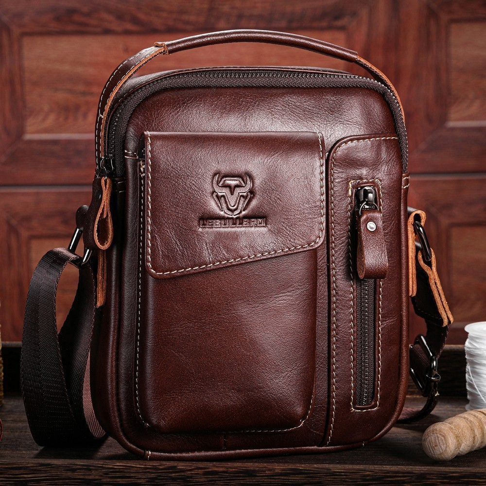 LEBULLBRO Men’s Genuine Leather Crossbody Bag Cowhide Sling Bag Handbag M