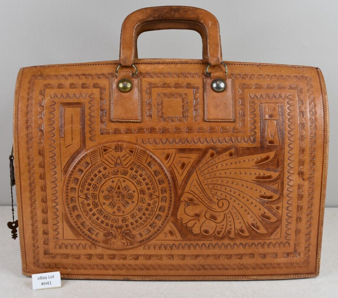 (Lot H41) Vintage La Colmena Mexico Hand Tooled Leather Aztec Briefcase Locking