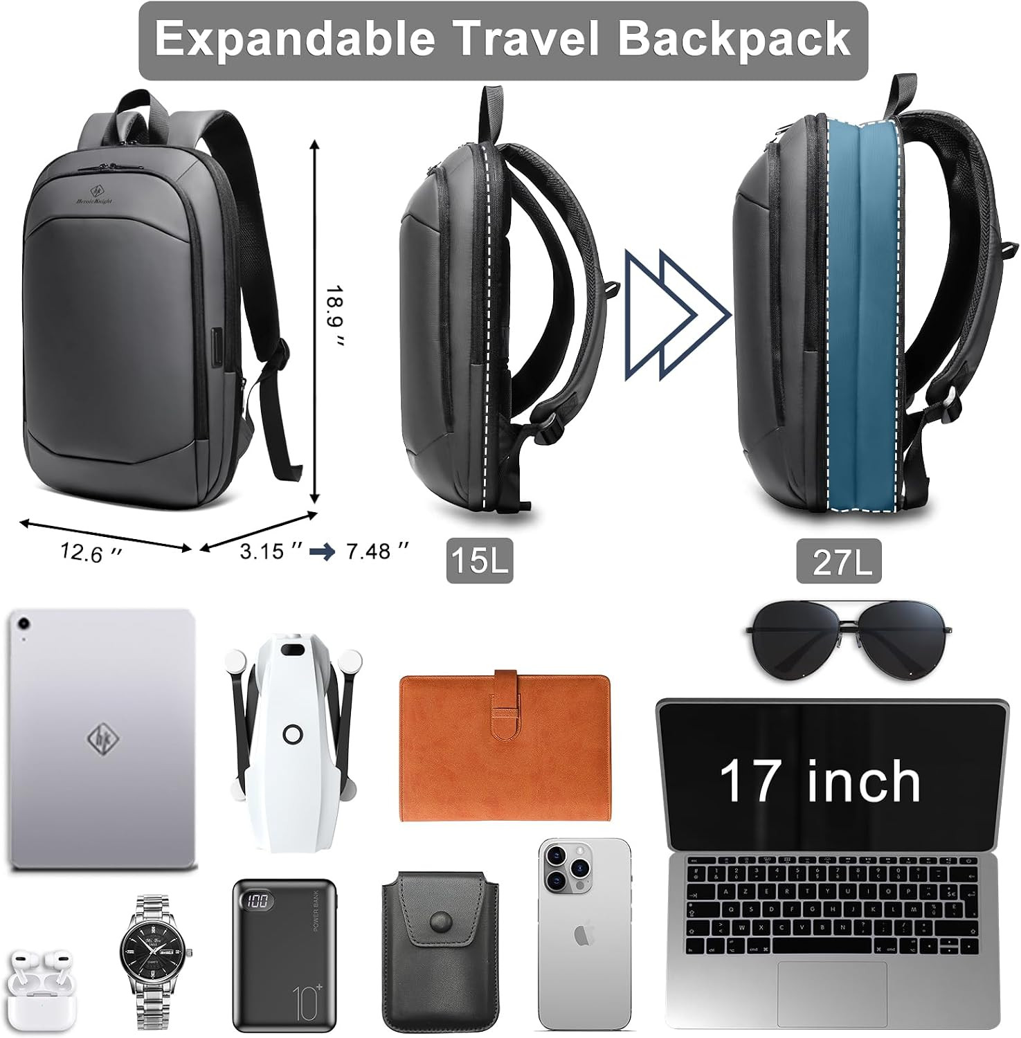 Business Backpack for Men,Slim & Expandable Backpack for 17 Inch Laptop | Waterp