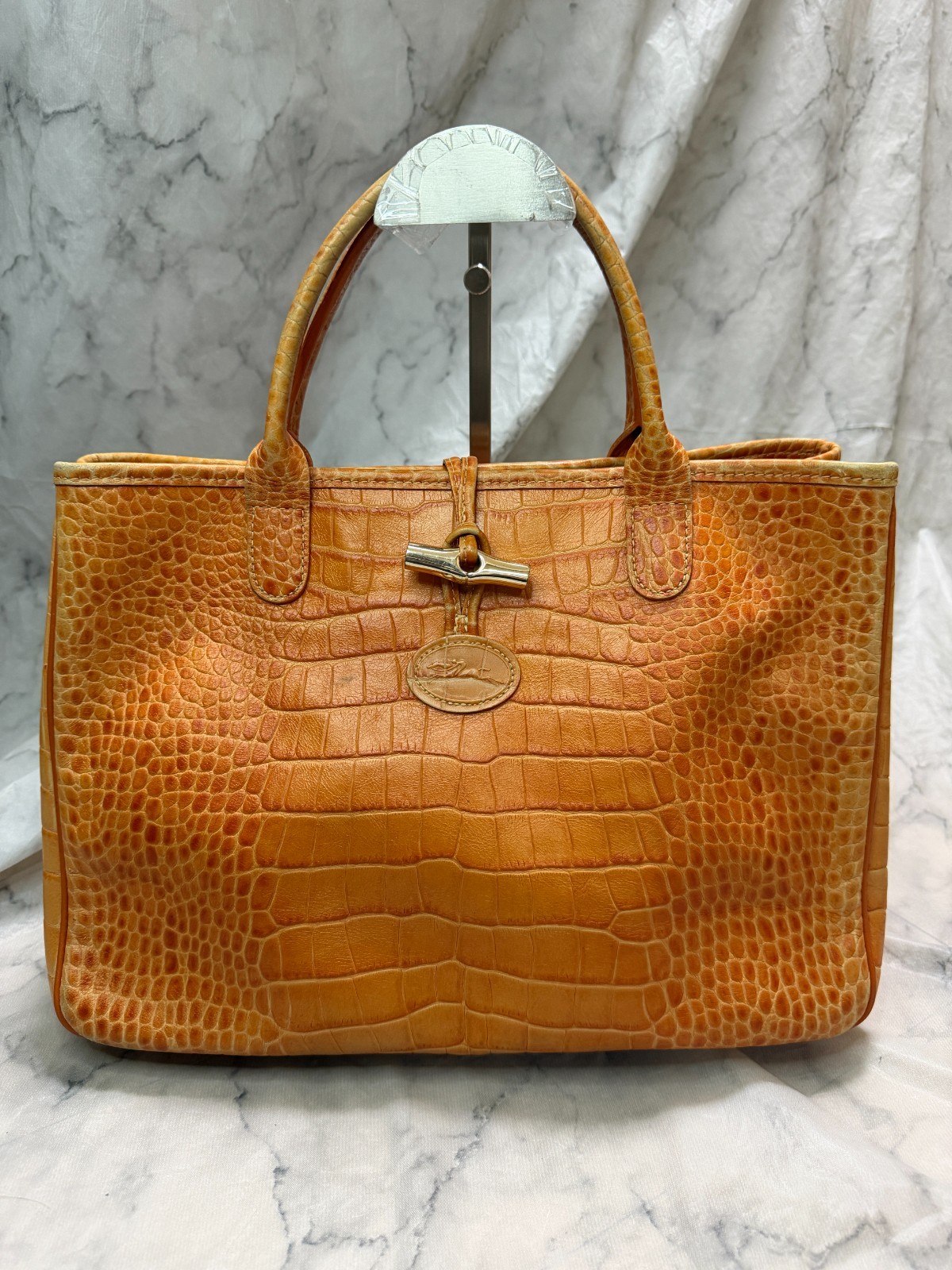 LONGCHAMP Leather Croco Croc Embossed Handbag Roseau Tote Bag orange Width: 33cm