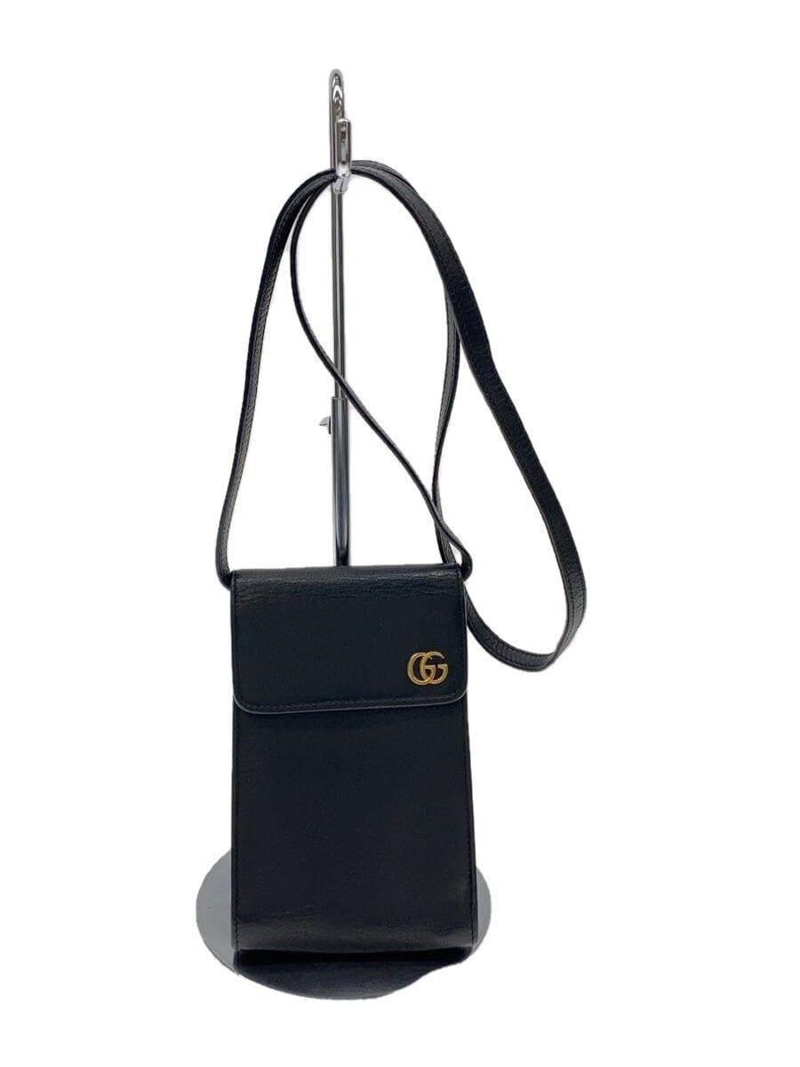 GUCCI Shoulder Bag GG Marmont Leather Black 657590 Wrinkled Strap Cracked Used