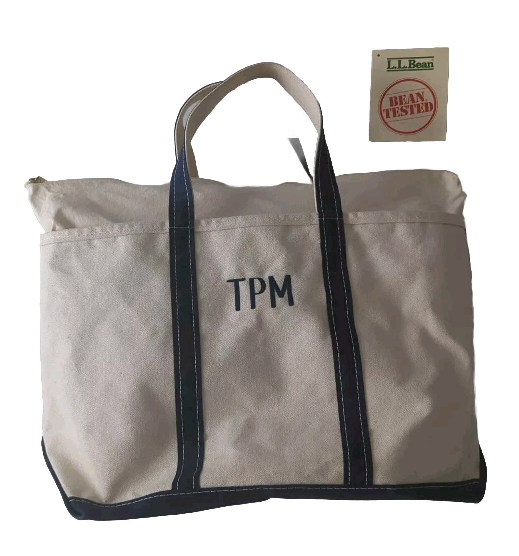 LL Bean Boat and Tote Bag ZIP TOP Canvas USA Blue Accents *Monogrammed* Large