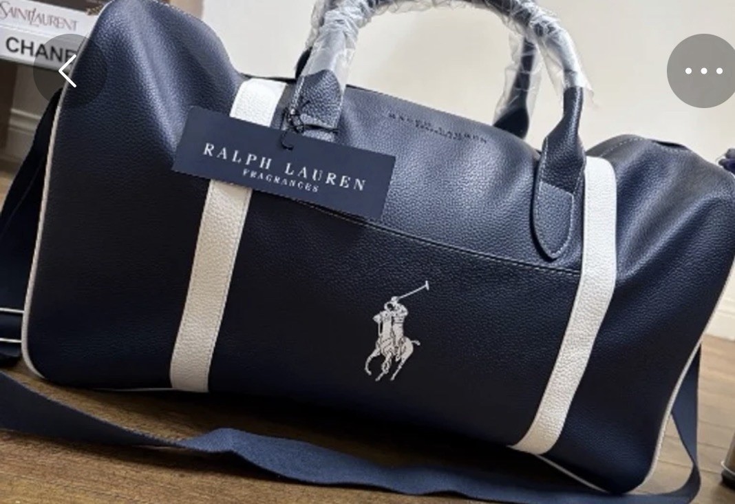 Ralph Lauren Fragrances POLO Navy Blue White Faux Leather Travel Duffle Bag NWT
