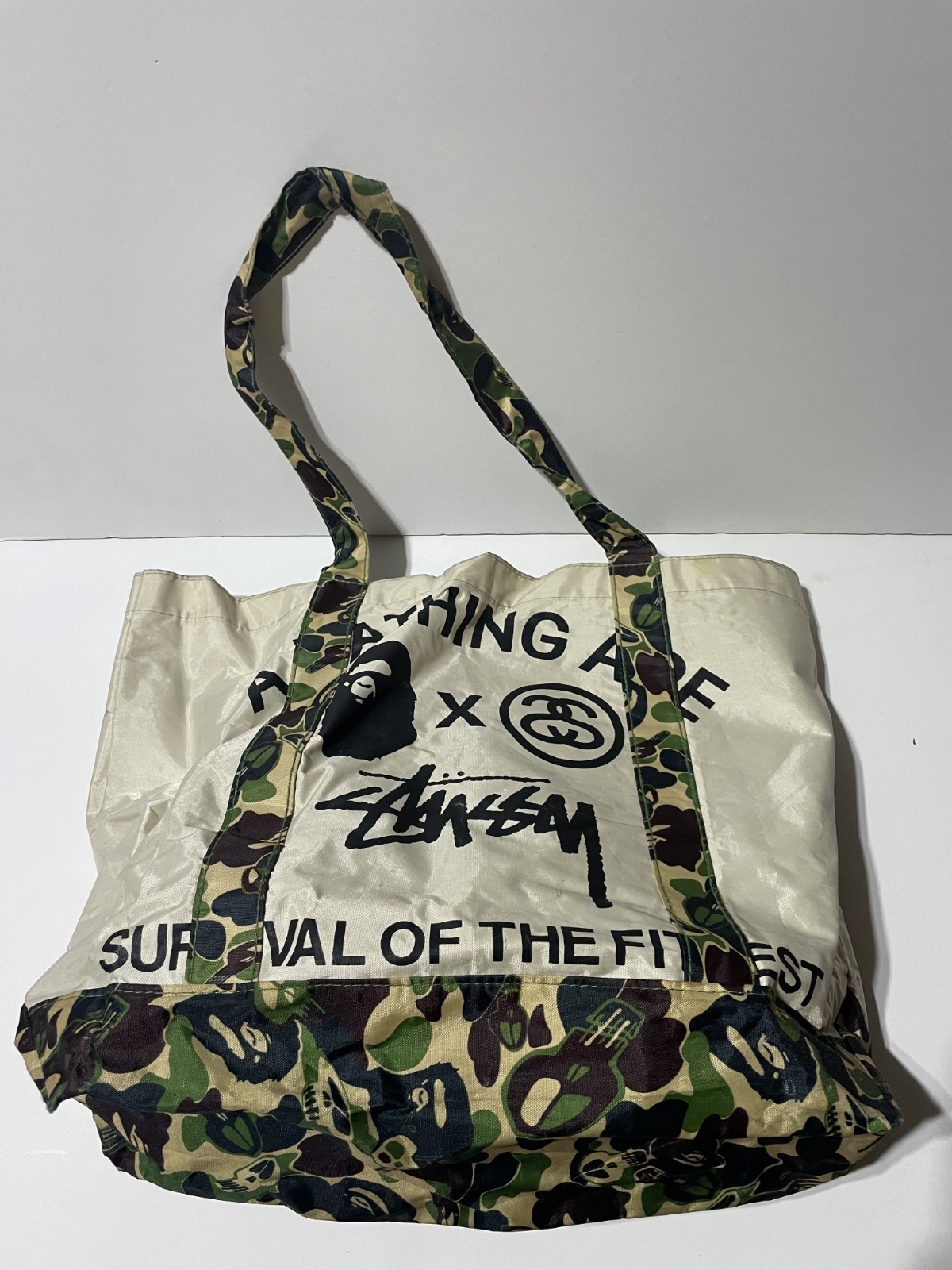 A BATHING APE BAPE × Stussy Nylon Tote Bag Pouch Beige camouflage Band Rare FS