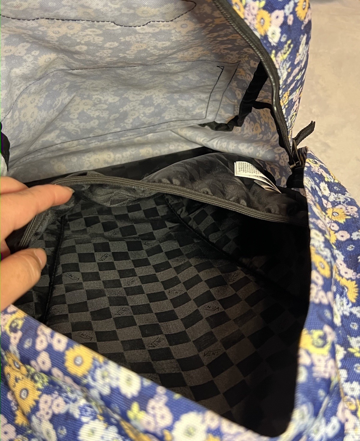 VANS Floral Backpack Blue/Yellow White Pattern Zip Closure Inner/Outer Pockets