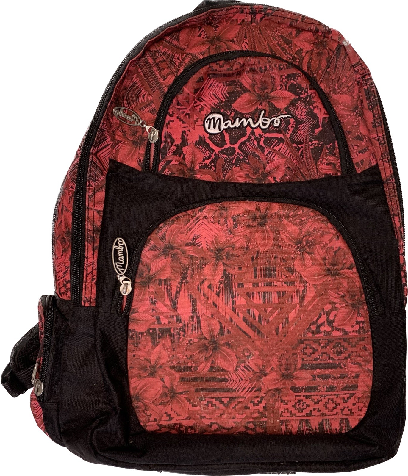 Mambo Backpack red black Y2K floral snakeskin logo spellout zips Aus Surf