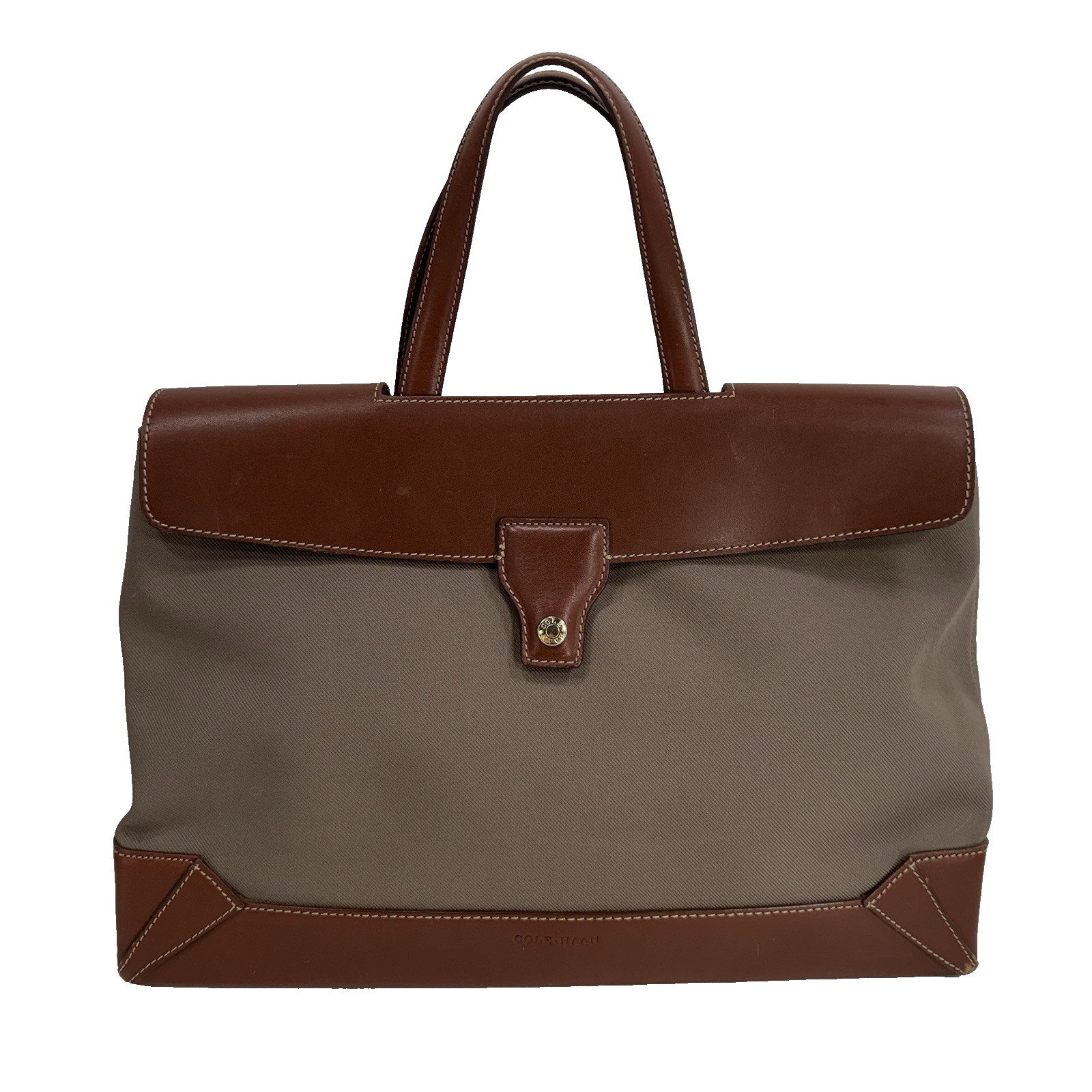 Vintage Cole Haan Brown Smooth Leather Flap Beige Canvas Briefcase