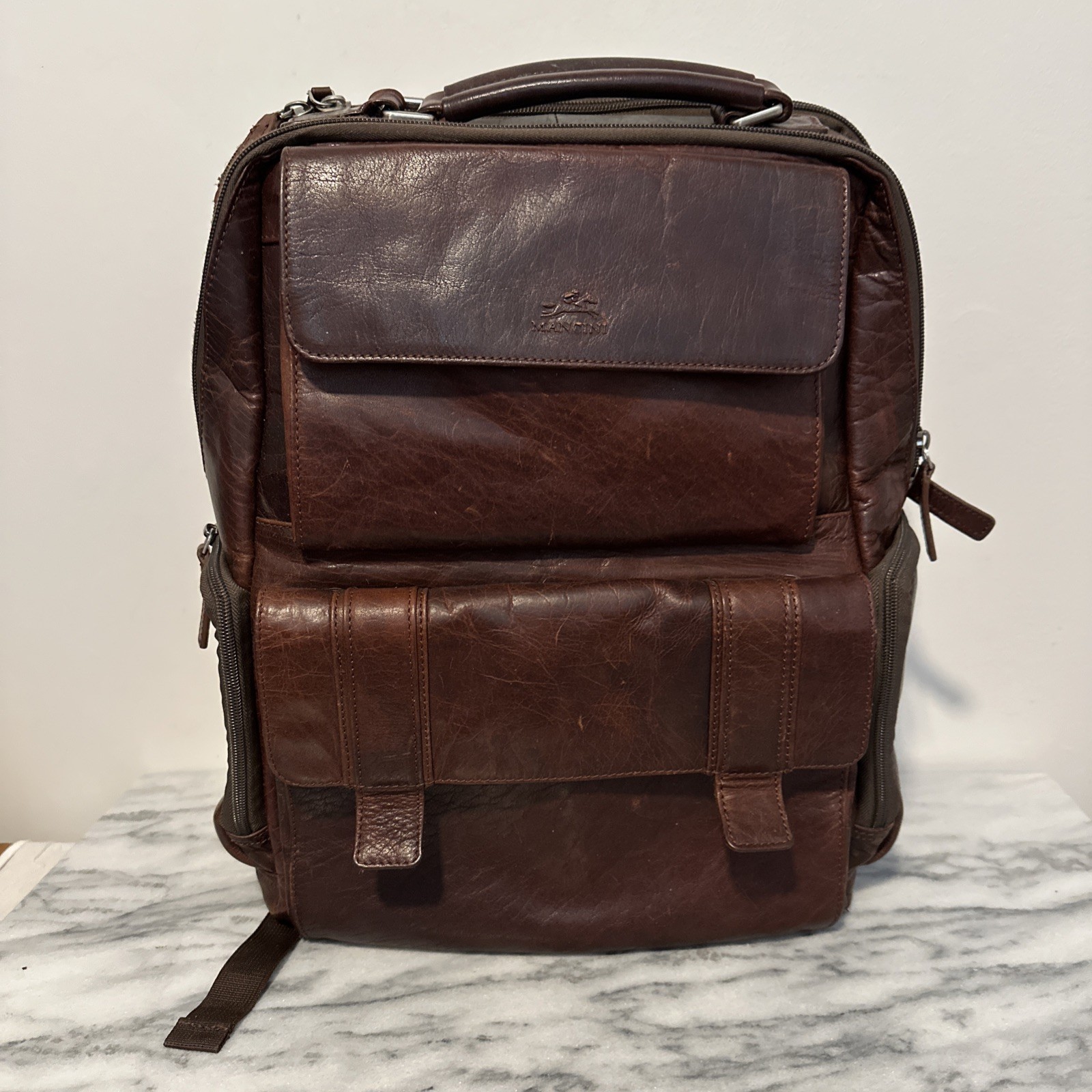 Mancini Buffalo Leather Backpack 15.6″ Laptop Bag Brown Front /side Pockets RFID