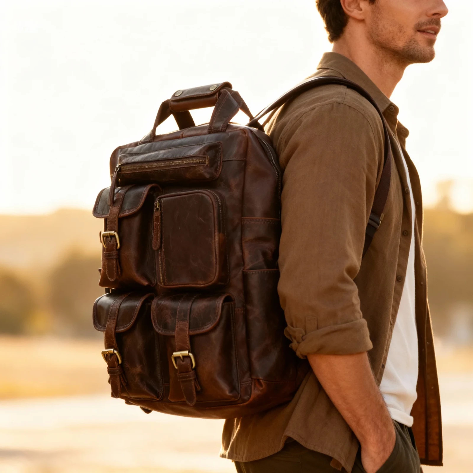 Professional Brown Leather Messenger Backpack Distressed Business Travel Rucksac