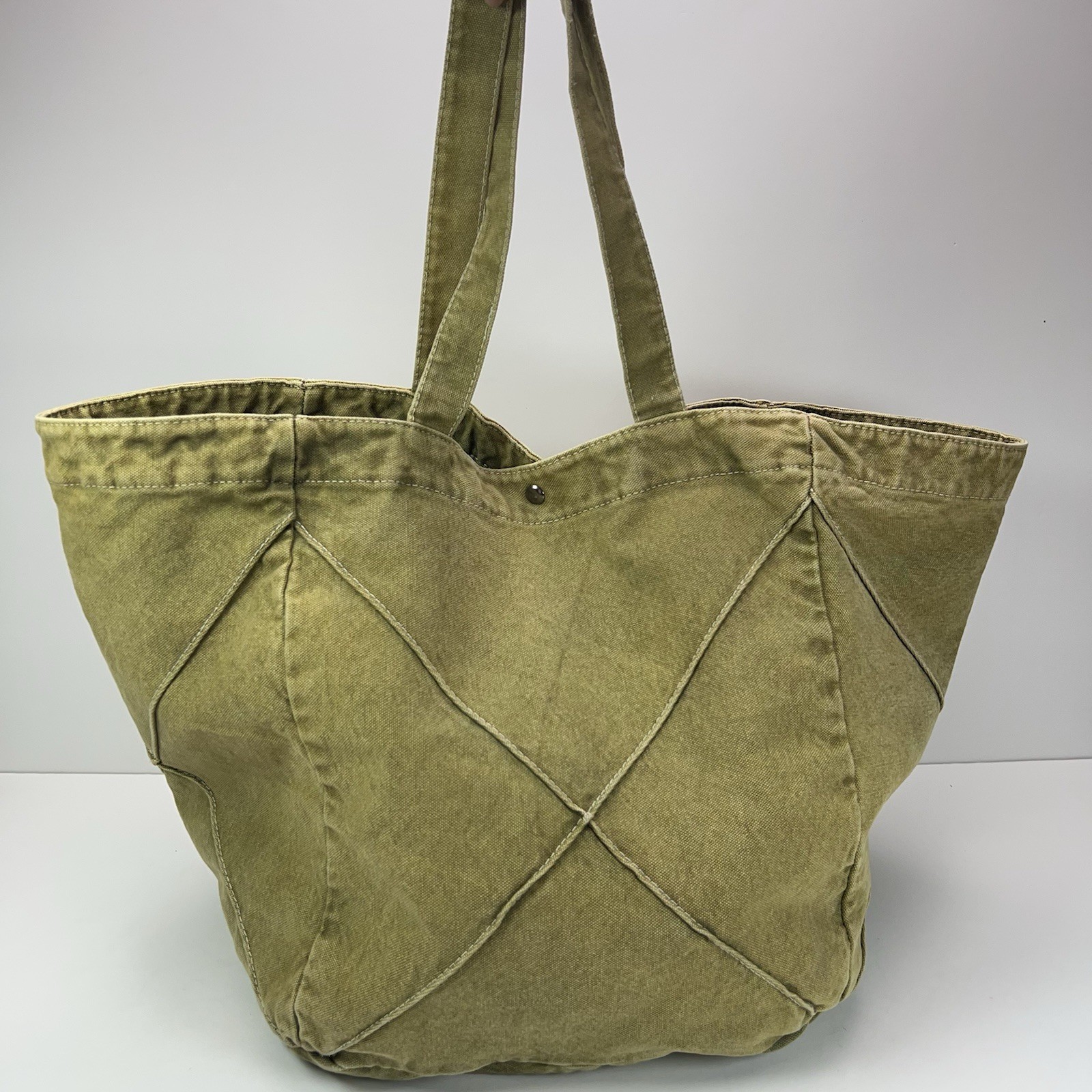 CARLY JEAN Los Angeles Large Denim Tote Olive Green Snap Beach Travel Shop Bag