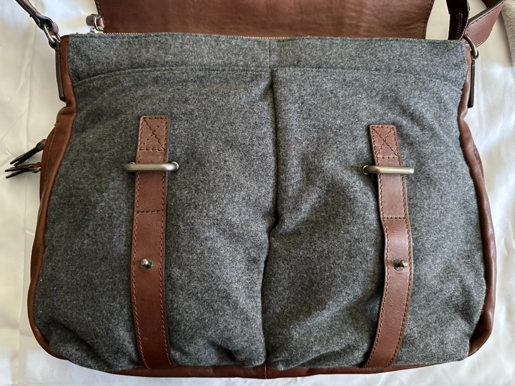 Authentic Brunello Cucinello Brown Leather & Gray flannel fabric Messenger.