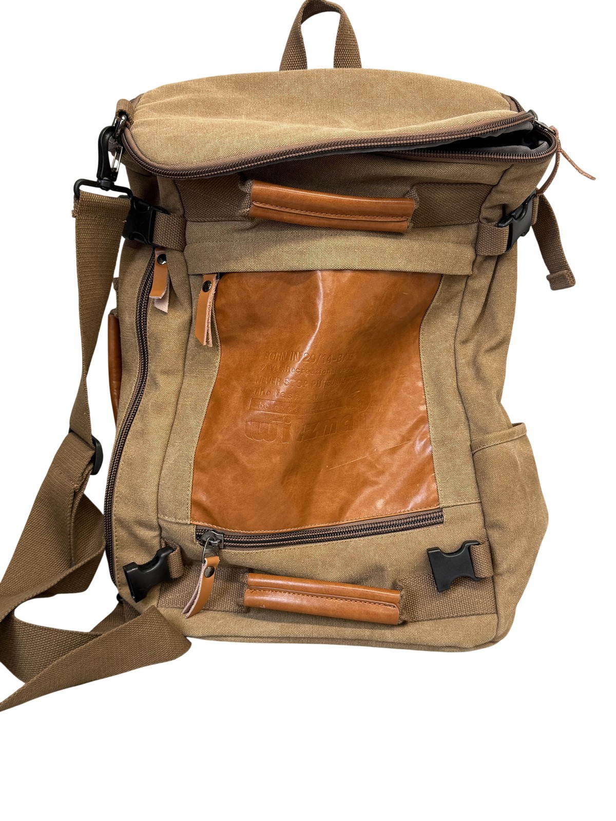 Witzman Backpack Mens Large Brown Canvas Faux Leather Convertible Travel Bag