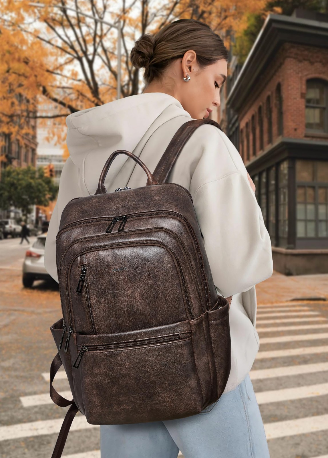 Leather 17 inch Laptop Backpack for Women, Large Travel Backpack Purse for Ca…
