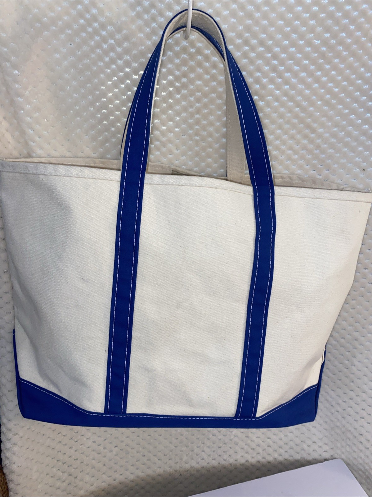 LL Bean Boat And Tote XL Large Bag 21” X 14” Ivory Canvas Blue Trim Nice Canvas