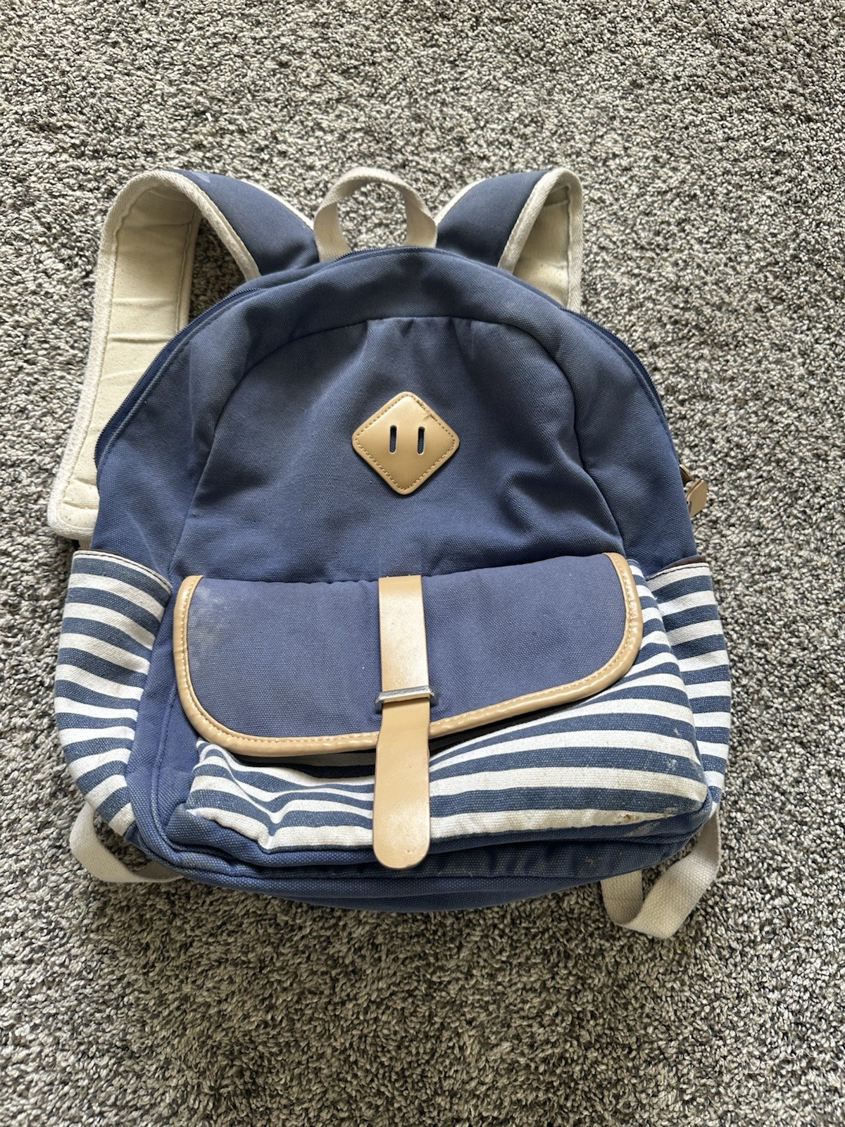 Blue And White Striped Backpack With Charging Port Lots Of Pockets