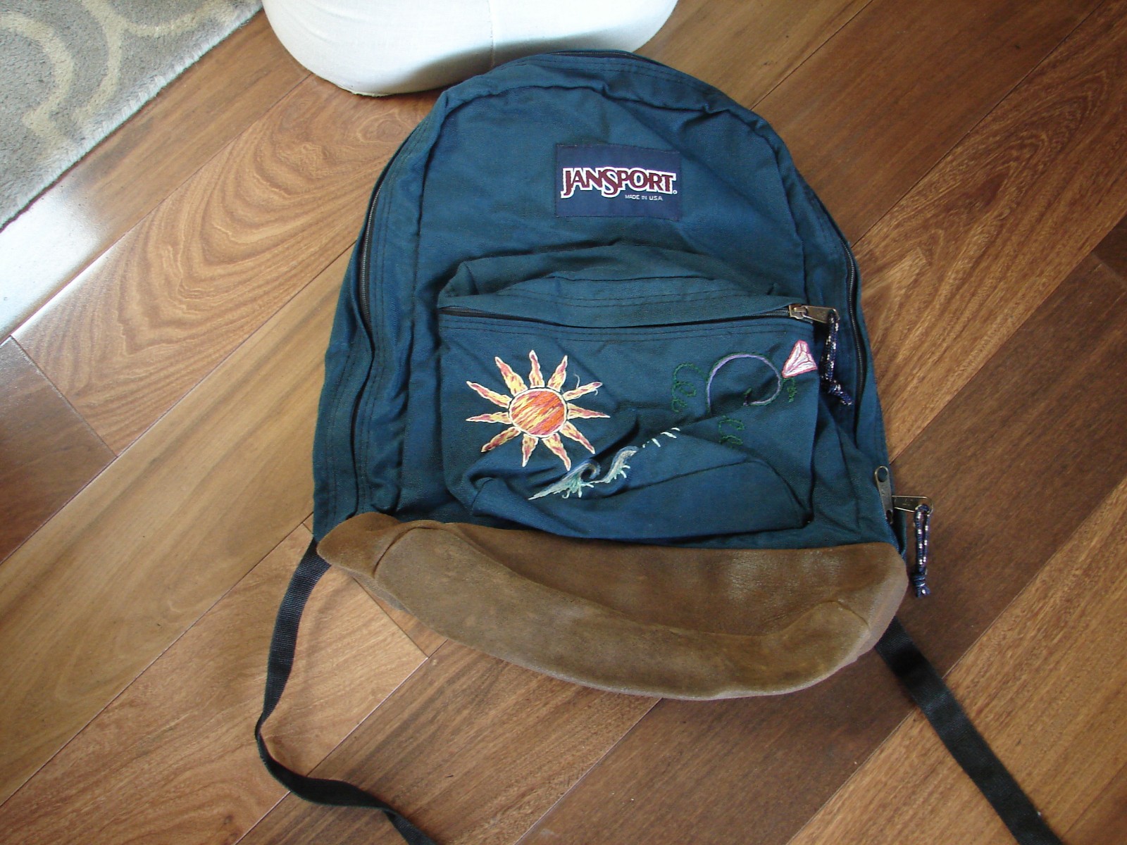 Vintage Jansport Embroidered Sun Waves Backpack Suede Leather Bottom Made In USA