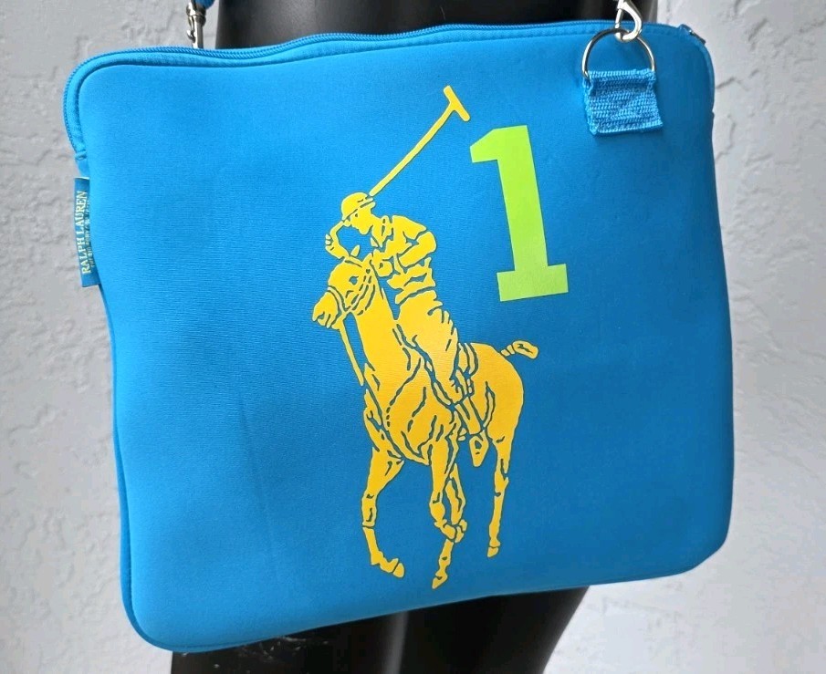 Ralph Lauren Blue The Big Pony Neoprene Laptop/Tablet Crossbody Bag 13×11.5