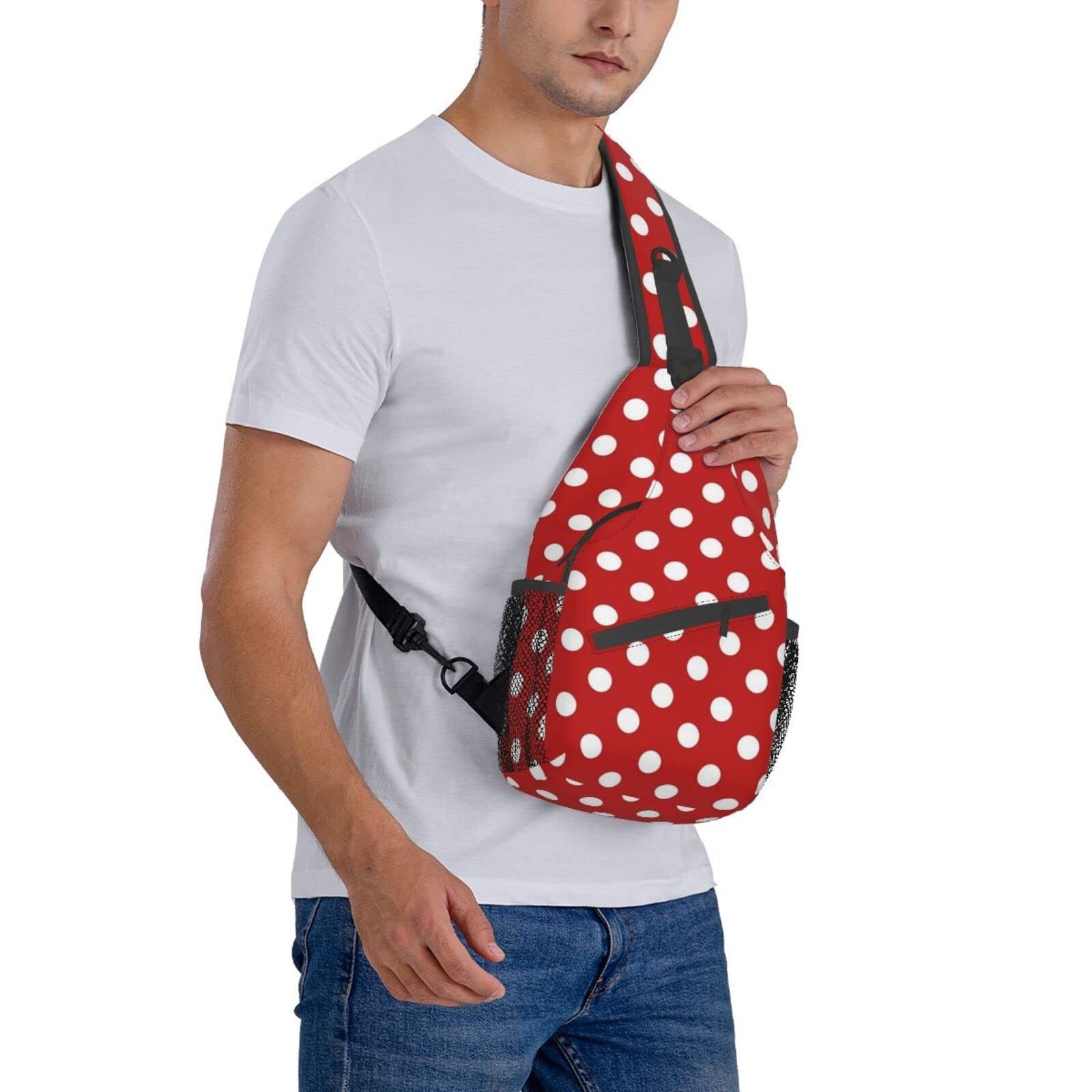 Cute Red White Polka Dot Sling Backpack,Travel Hiking Daypack Crossbody Shoul…