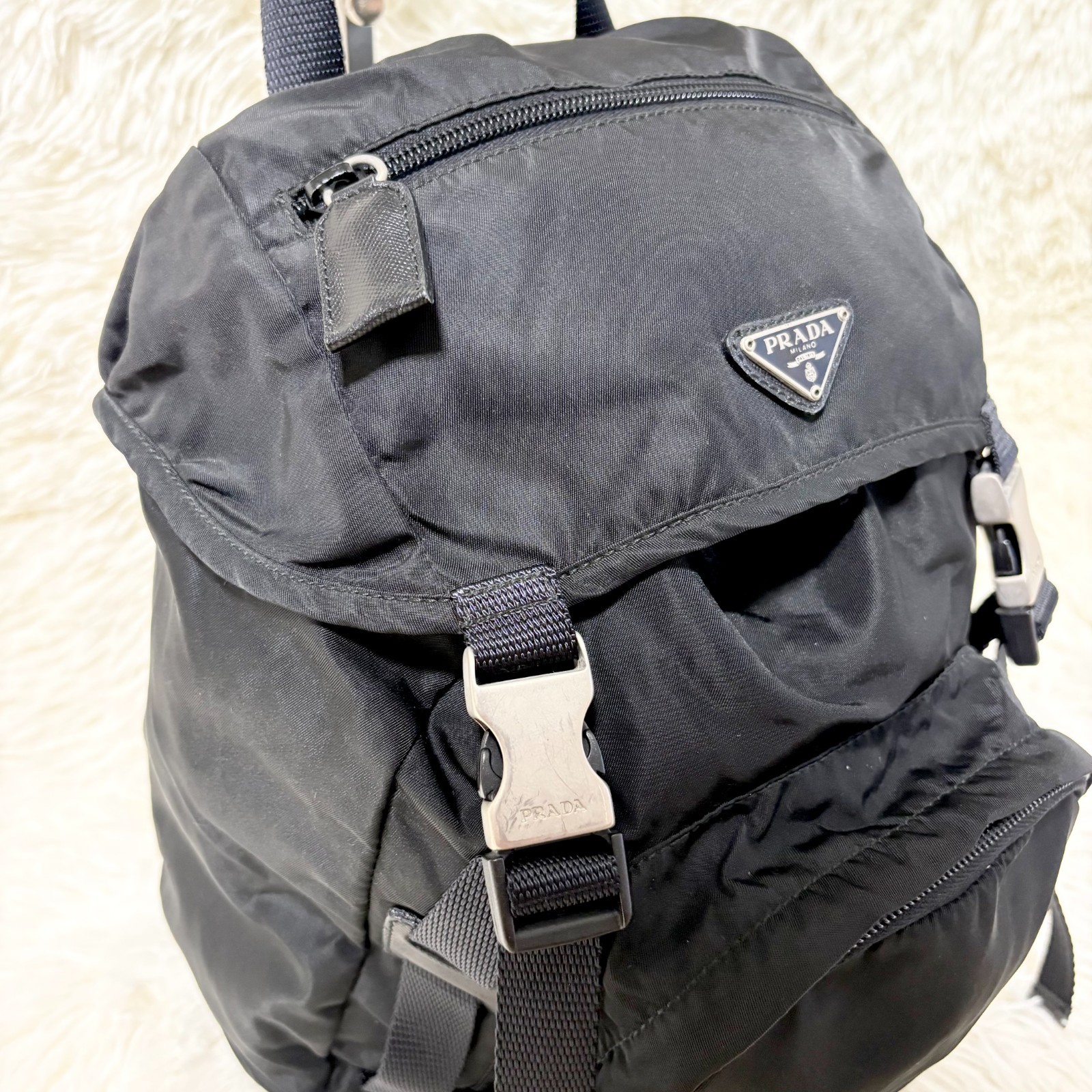 PRADA Nylon Backpack Black Triangle Logo White Tag Vintage Unisex Bag