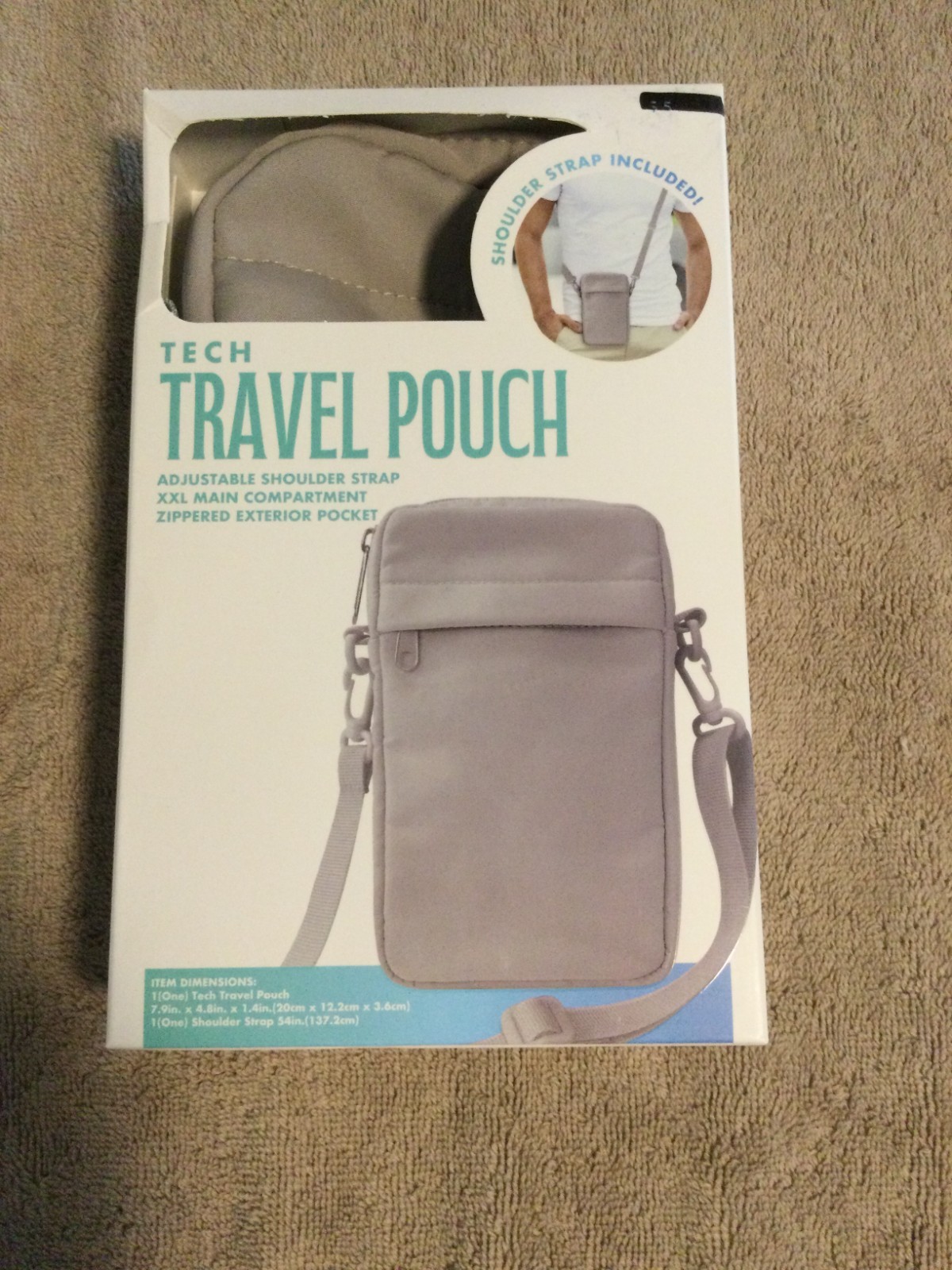 Men’s Tech Travel Gray Pouch XXL Adj Shoulder Strap & Zipper Exterior Pockets