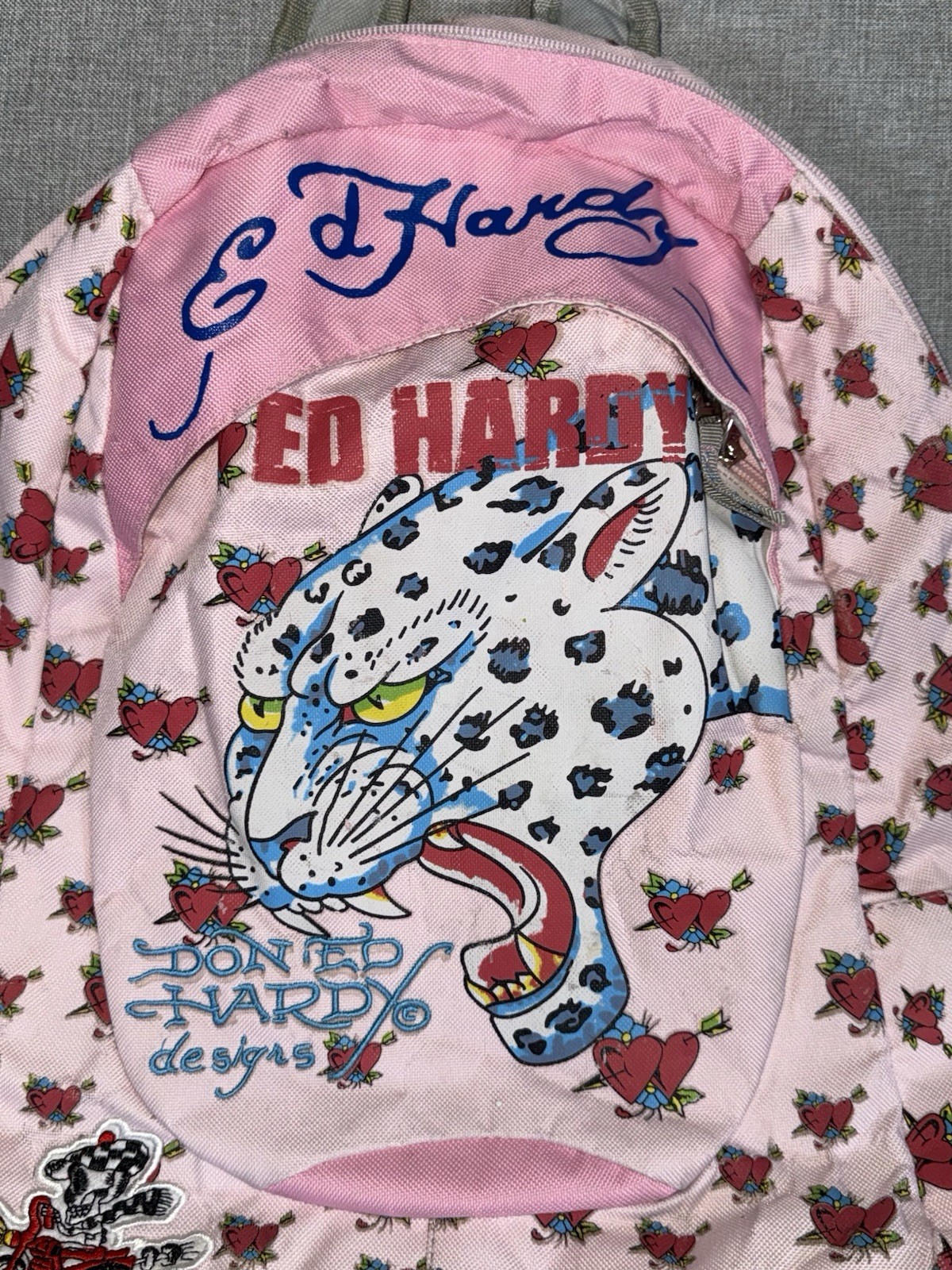 Ed Hardy Backpack Pink Canvas Snow Leopard Rose Y2K Christian Audigier Rare