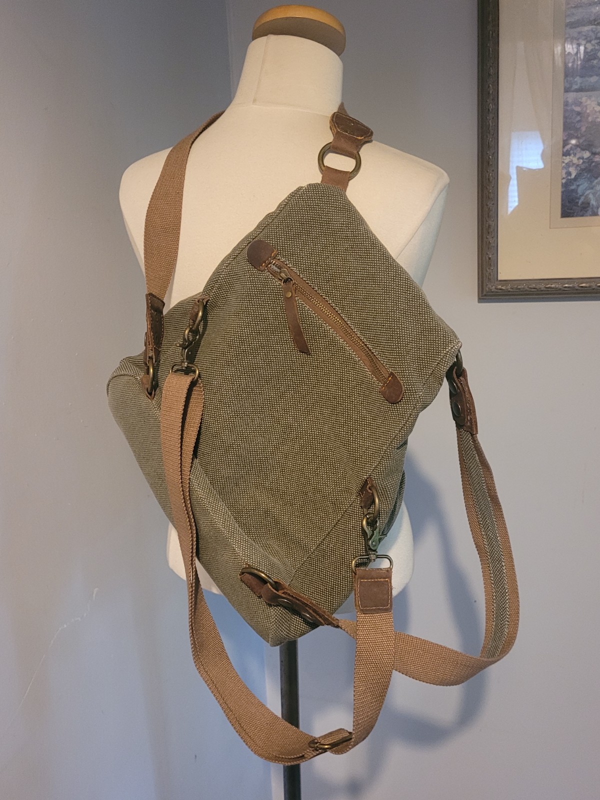 Acacia Olive Canvas Sling Backpack with Brown Trim