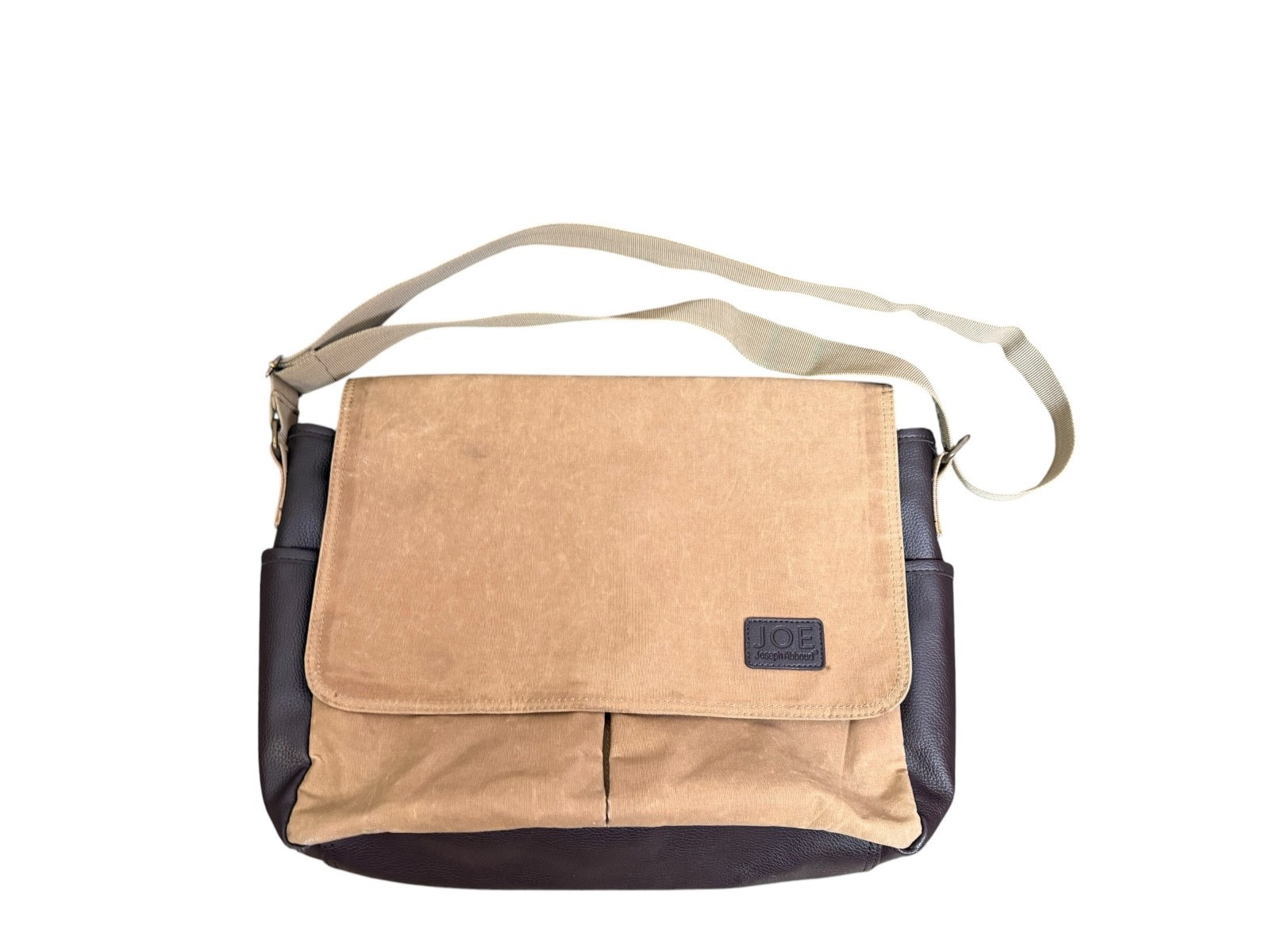 JOE Joseph Abboud Messenger Laptop Bag Brown Waxed Canvas Faux Leather 18in