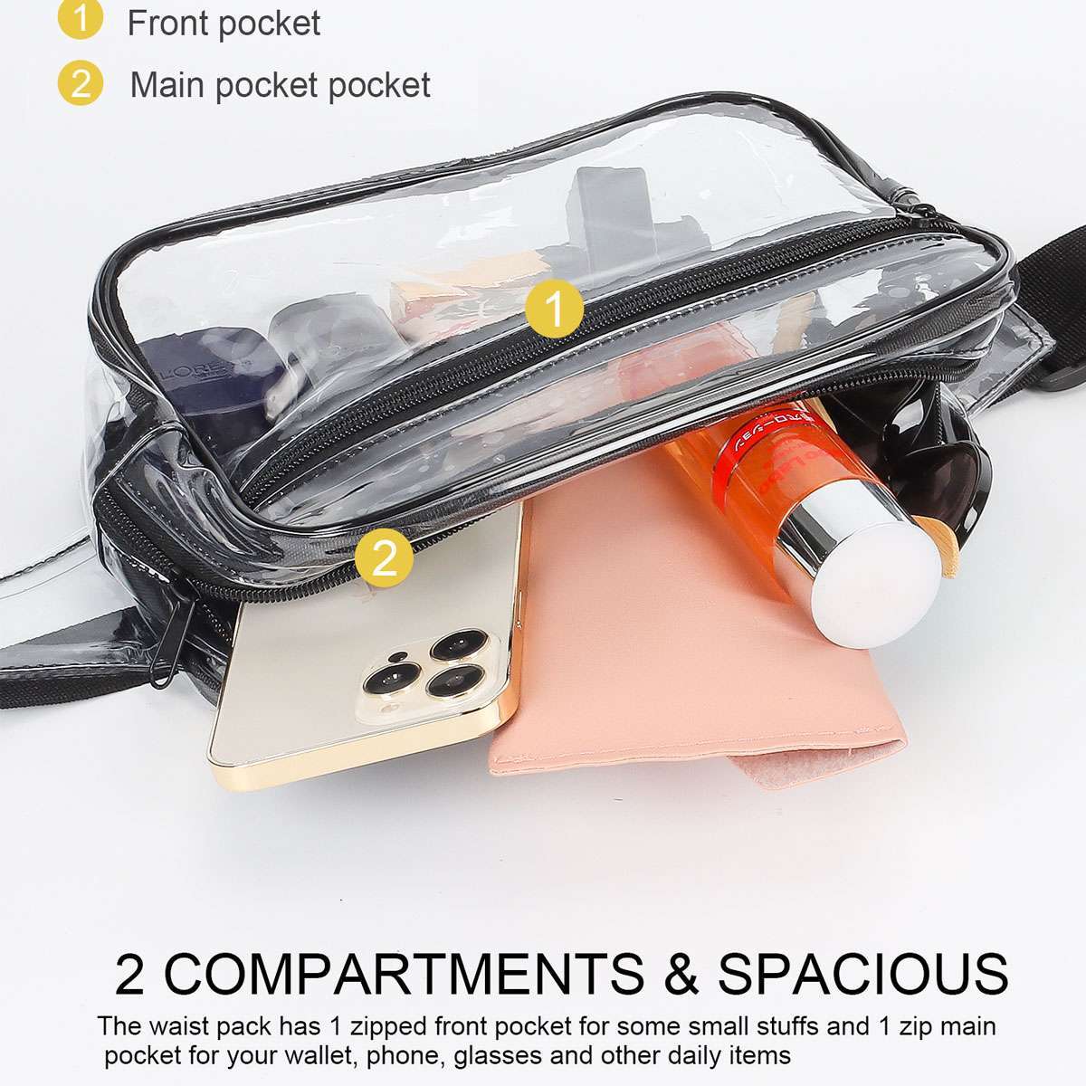 Clear Zip Waist Bag Transparent Stadium Shoulder Crossbody Adjustable Sling Bag