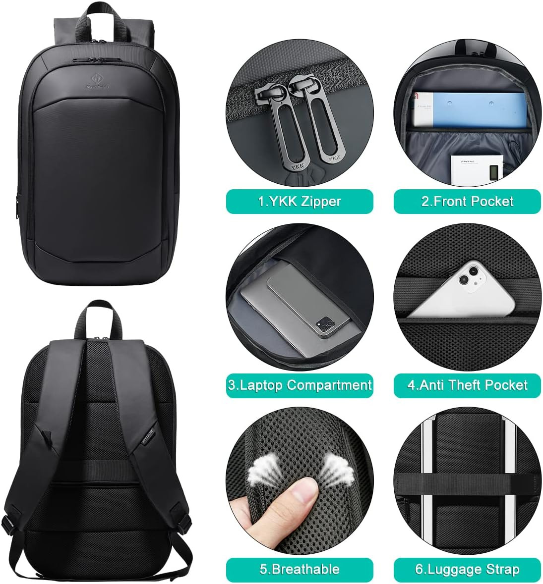 Mochila de negocios para hombre de 17 pulgadas, delgada y expandible