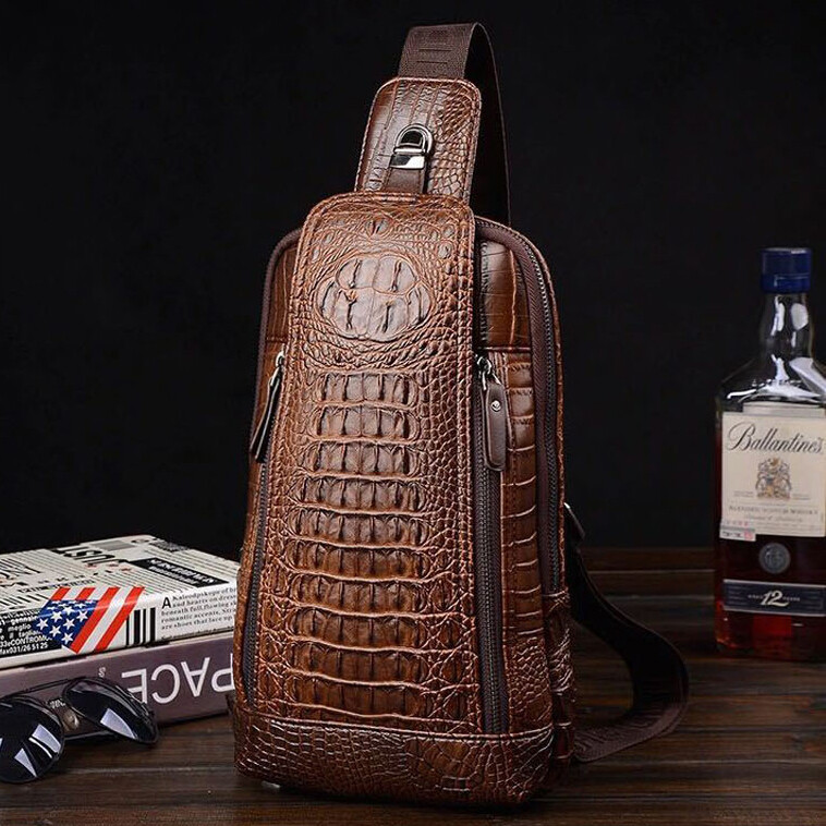 Sling Backpack Men’s Casual Leather Crocodile Crossbody Chest Bag Sport Daypack