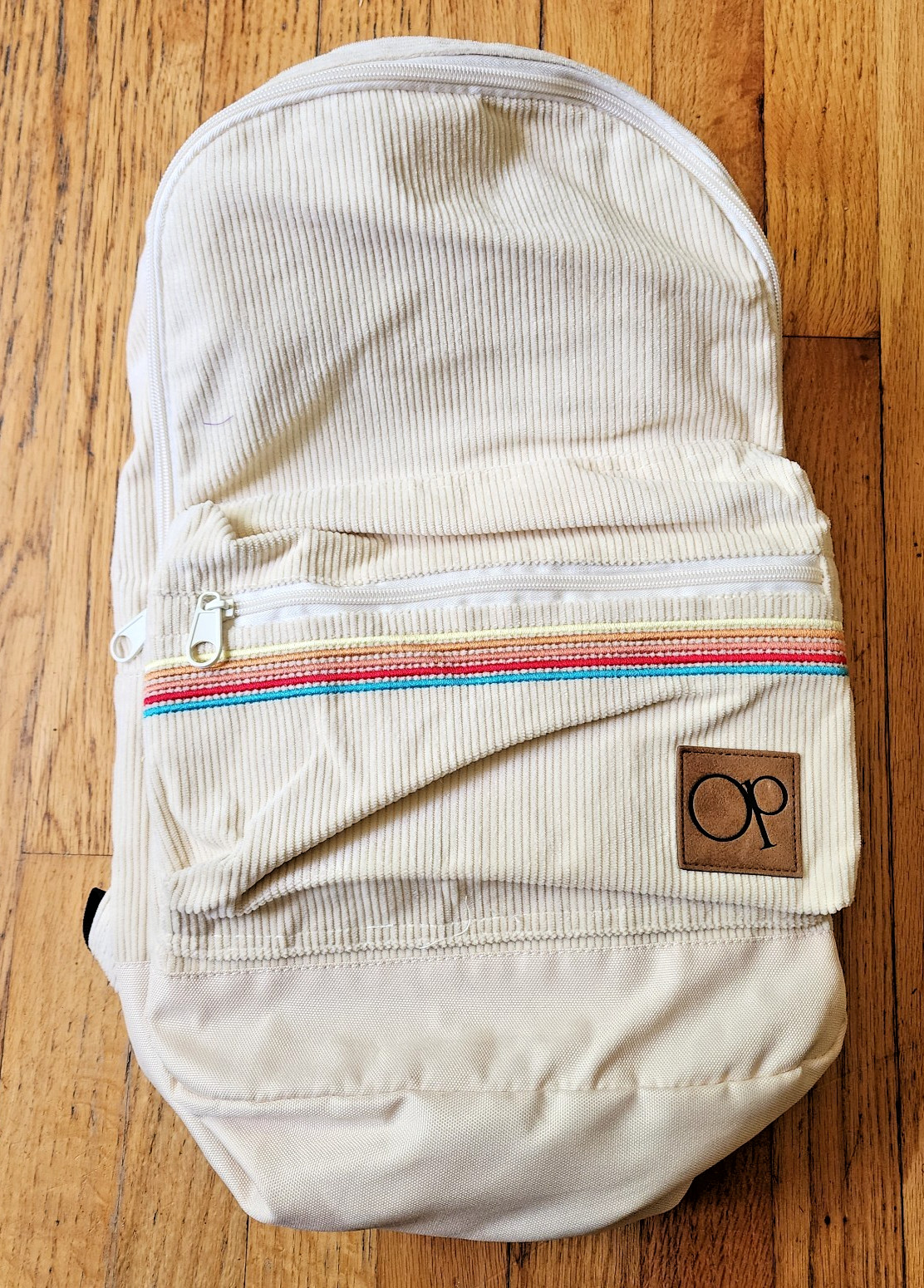 Vintage Ocean Pacific OP Backpack Ivory Corduroy 3 Compartment Zip Close 18″x12″