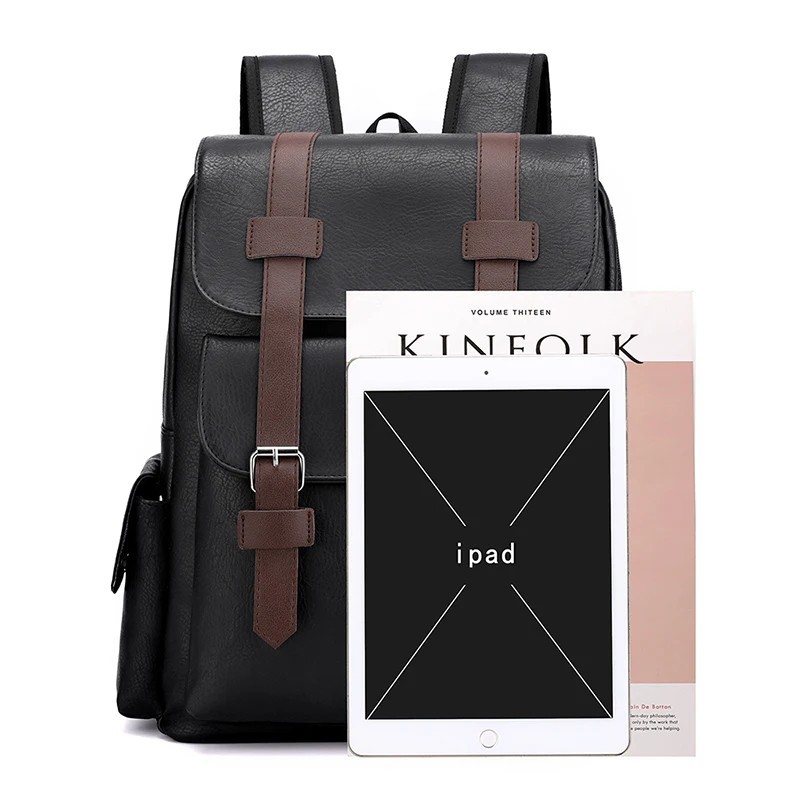 Men PU Leather Laptop Backpack Large Travel School Bag for Boys Black Brown