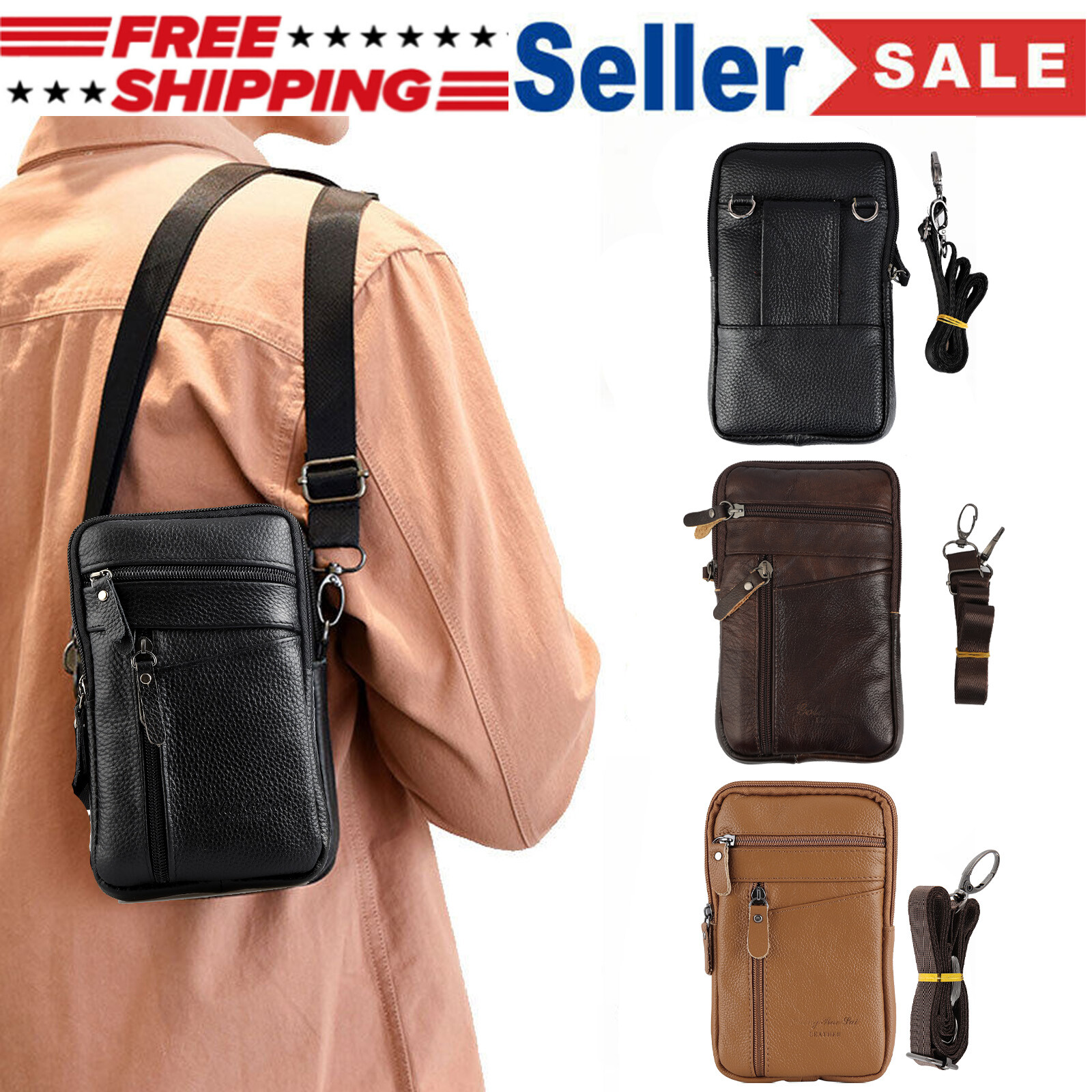 Men Leather Fashion Phone Pouch Belt Bag Shoulder Crossbody Waist Pack Handbag