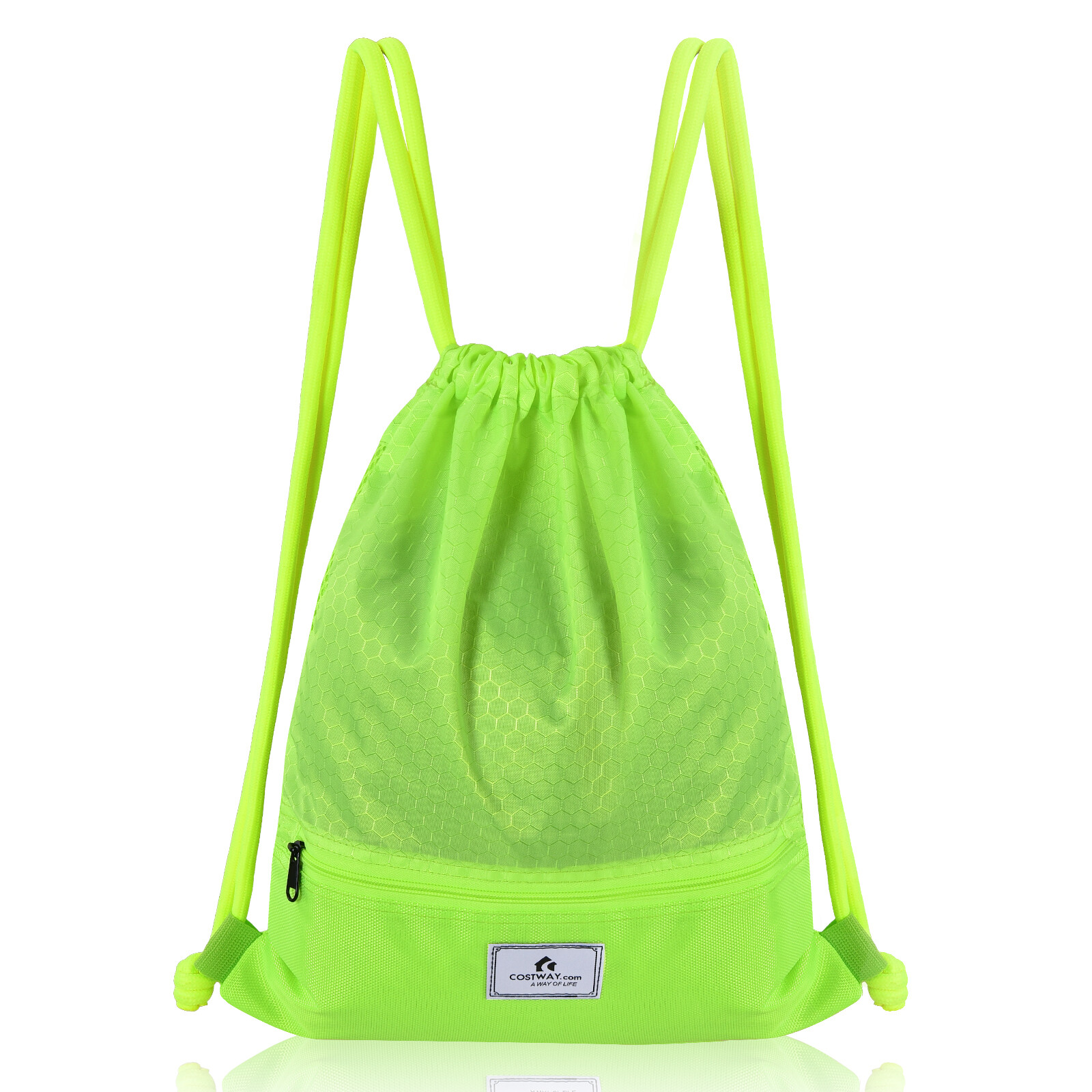 Costway Drawstring Backpack String Bag Folding Sports Sack w/Zipper Pocket Green