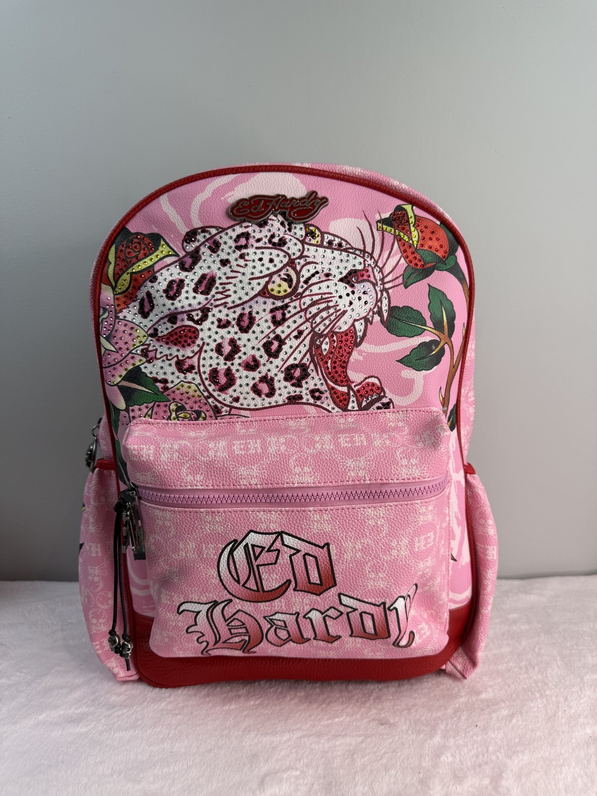 Ed Hardy Pink Monogram Rhinestone Leopard Tattoo Art Backpack Y2K