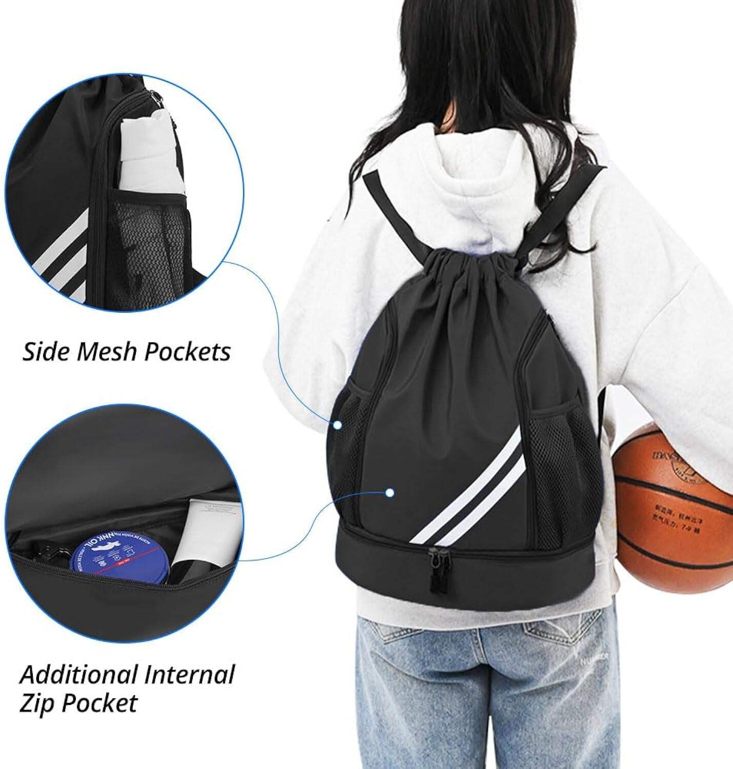 Ball Bag Drawstring Backpack, Sports Gym Bag with Shoes Compartment Side Mesh Po