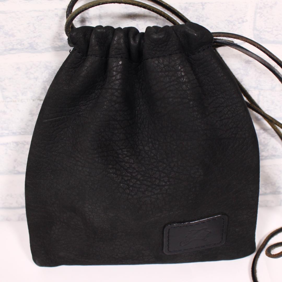 Nubuck Leather Drawstring Pouch Bag for Men and Women, Black, 8×7 inches, Used