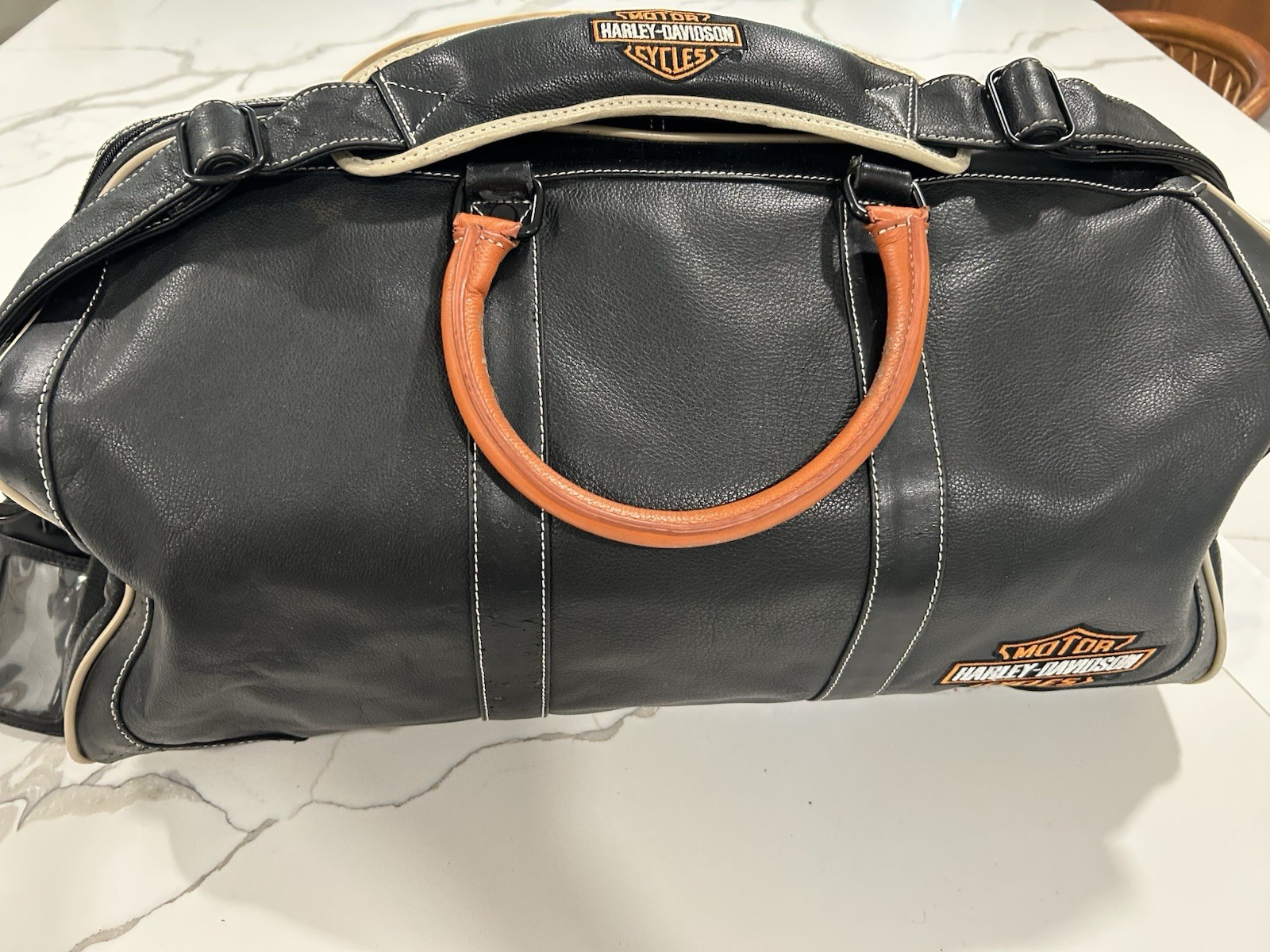 Used Harley Davidson Leather Duffle Bag Travel Black Motorcycle Carryon 22x10x12