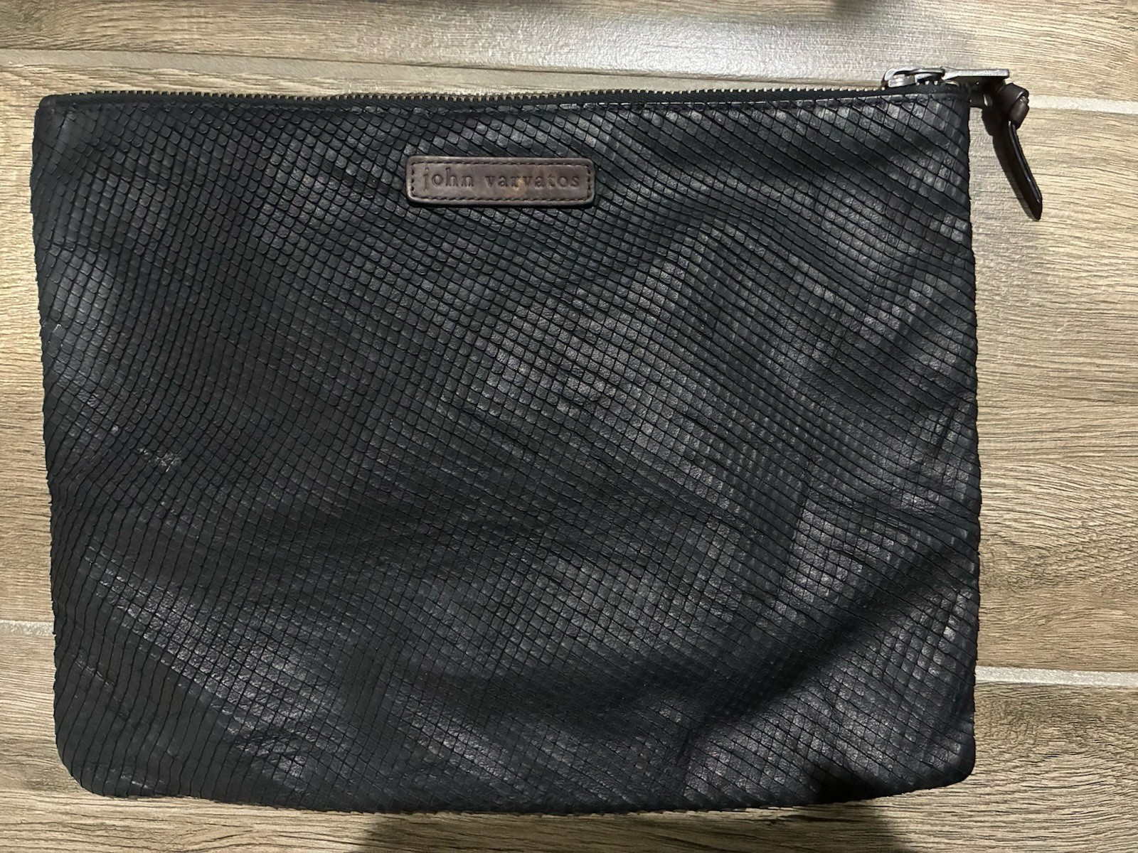John Varvatos Black Embossed Snakeskin Leather Clutch Zip Pouch Bag