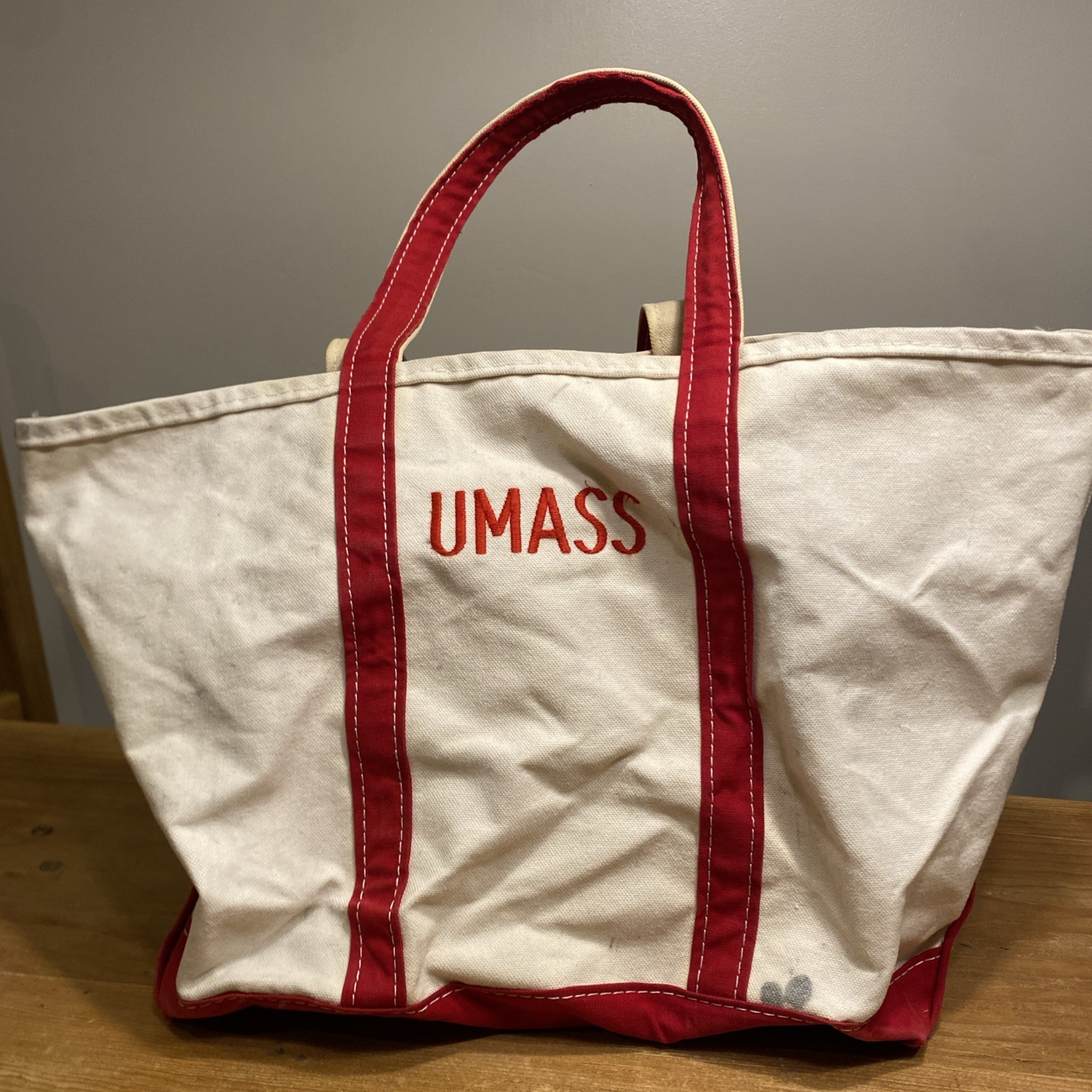 Vintage L.L. Bean Boat & Tote Bag Red Handles Canvas XL Thrashed UMASS