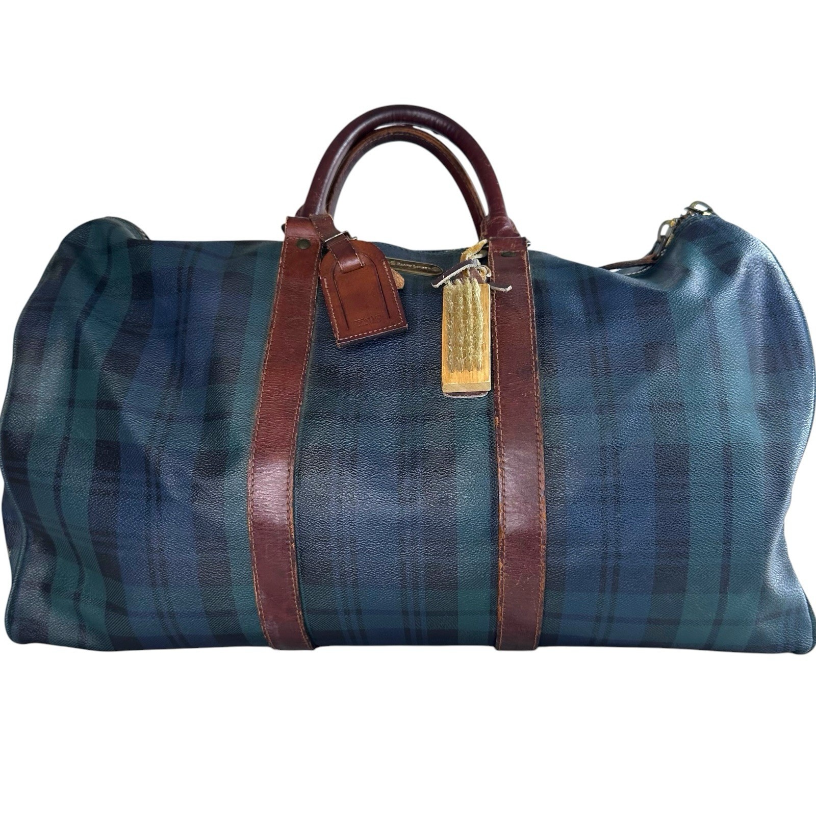 vintage Polo Ralph Lauren Travel Bag Black Watch Plaid Print Boston Weekender