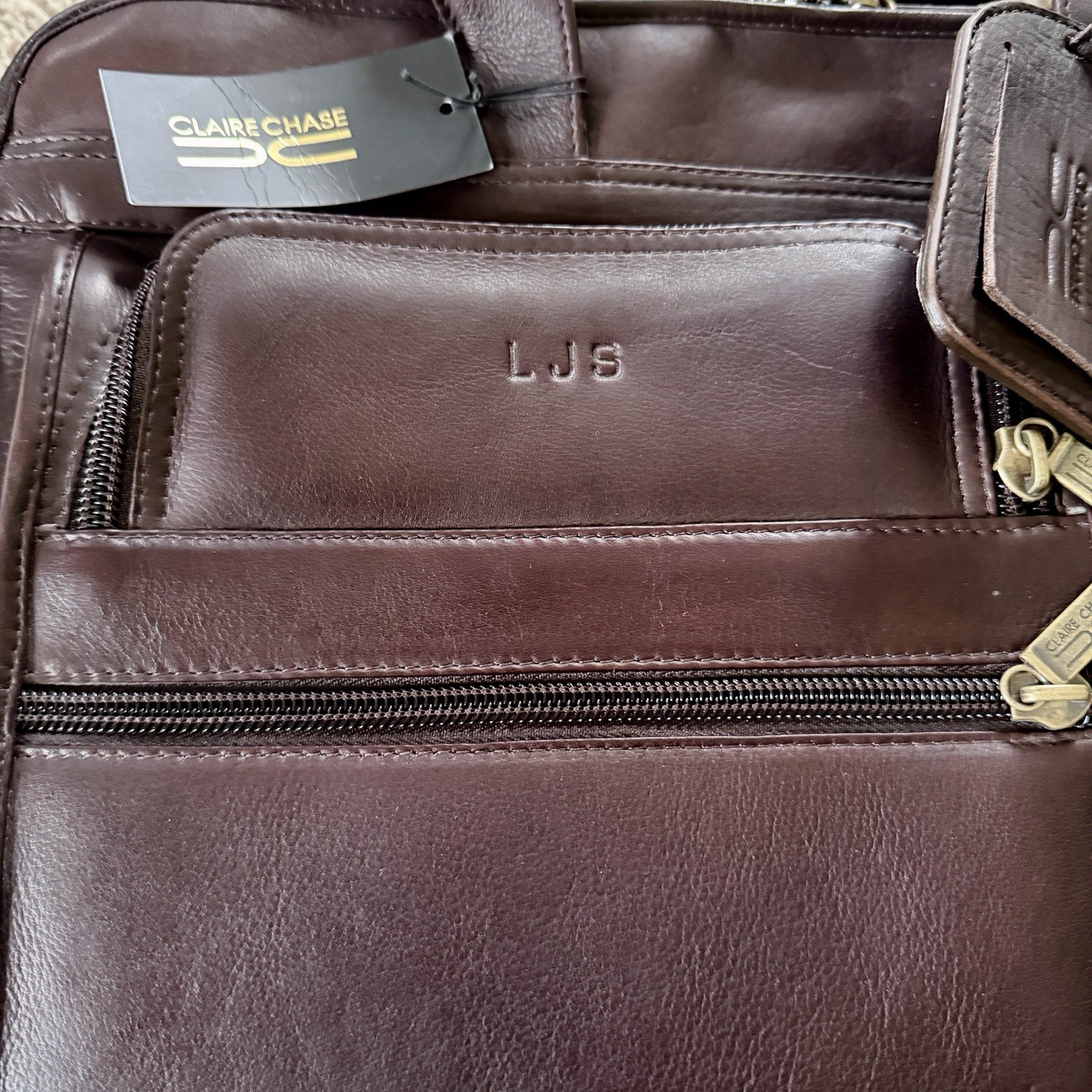 Claire Chase Jumbo Executive Computer Briefcase 100% Cowhide Leather Color Cafe